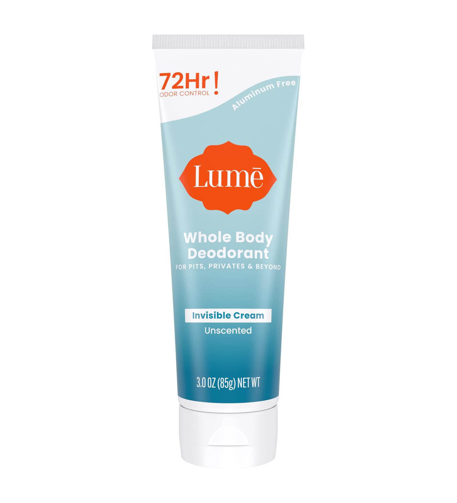 Lume Whole Body Deodorant - Invisible Cream Tube - 72 Hour Odor Control - Aluminum Free Baking Soda Free Skin Safe - 3.0 ounce (Unscented) Unscented 3 Ounce (Pack of 1) - Buy Online on GoSupps.com