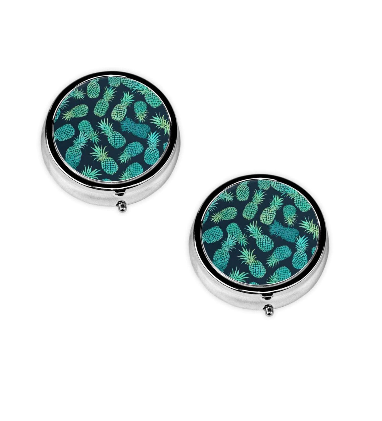 Blue Pineapple Printed Mini Round Pill Box | 3 Compartment Travel Pill Organizer | Portable Medicine Case for Home & Office - Buy Online on GoSupps.com