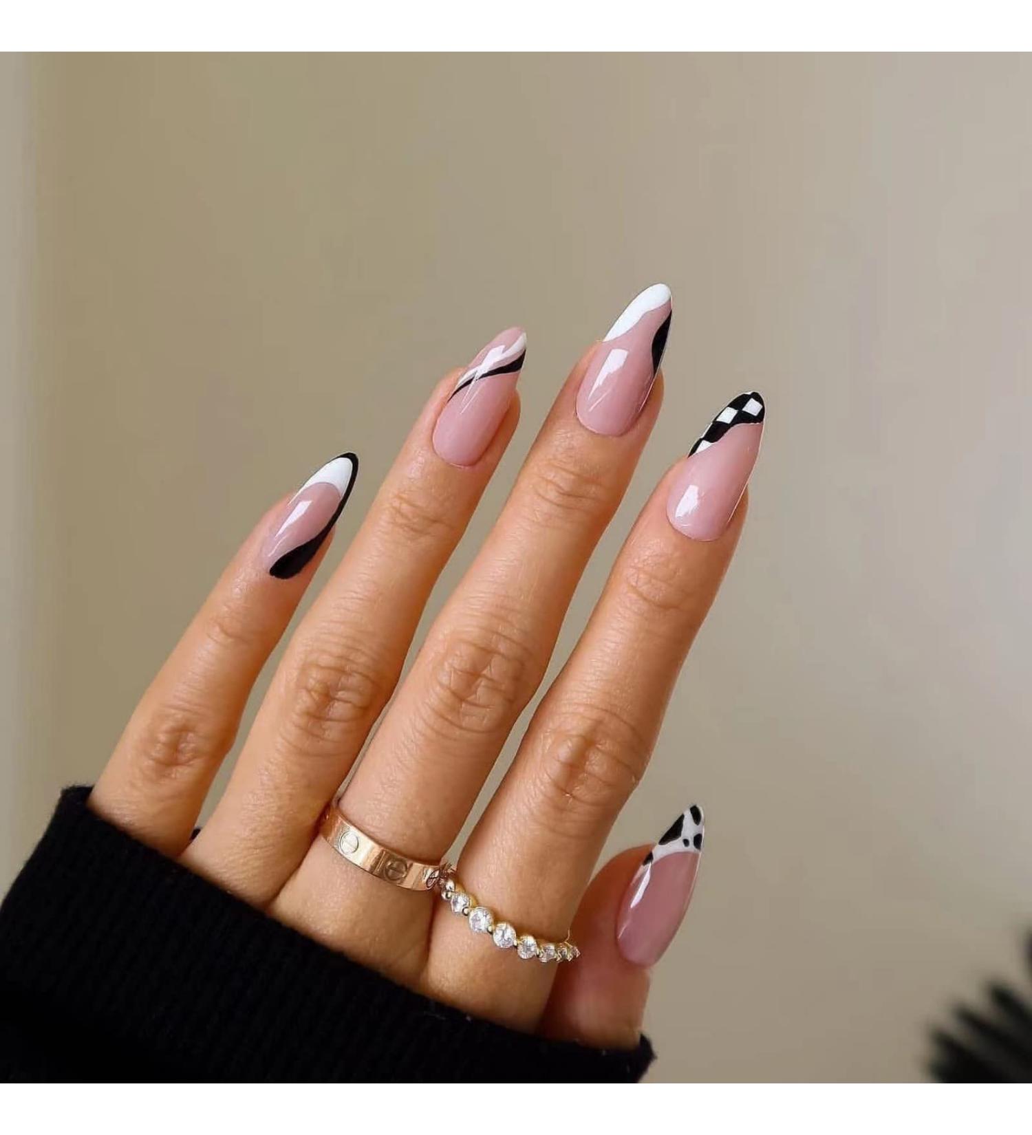 Justotry Cow Print Oval False Nails - 24 Pcs Short Black French Press On Nails with Nail Glue - Funky Nude Almond Stick on Nails for Women - Nail Art Essential - Buy Online on GoSupps.com