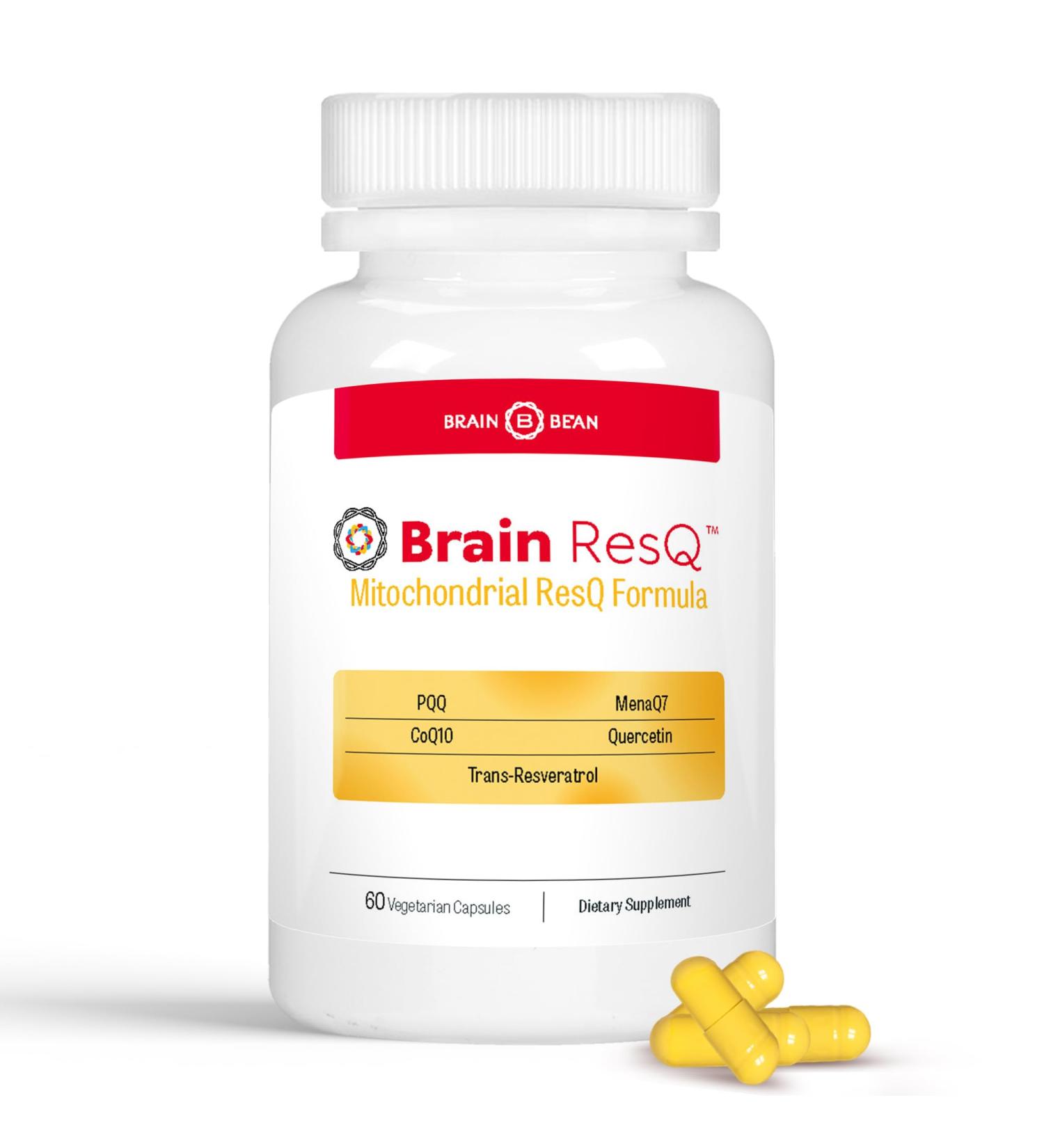 Brain ResQ Advanced Mitochondrial Formula with PQQ CoQ10 Trans Resveratrol MenaQ7 & Quercetin Supplement - 100mg of CoQ10 & 15mg PQQ Supports Brain Heart & Cellular Health 60 Capsules - Buy Online on GoSupps.com