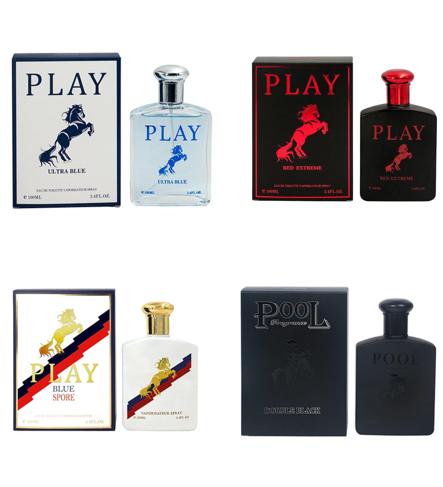 Play Cologne for Men (Red Extreme Bluesport Double Black Ultra Blue) Inspired by R.L.P.O.L.O - Pack of 4 x 100ml/3.4oz Each Edt Spray - Buy Online on GoSupps.com