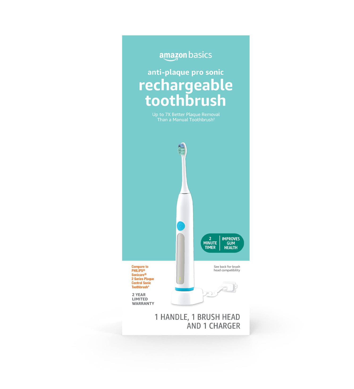 Amazon Basics Anti-Plaque Pro Sonic Rechargeable Toothbrush - Charger & 1 Brush Head - Buy Online on GoSupps.com