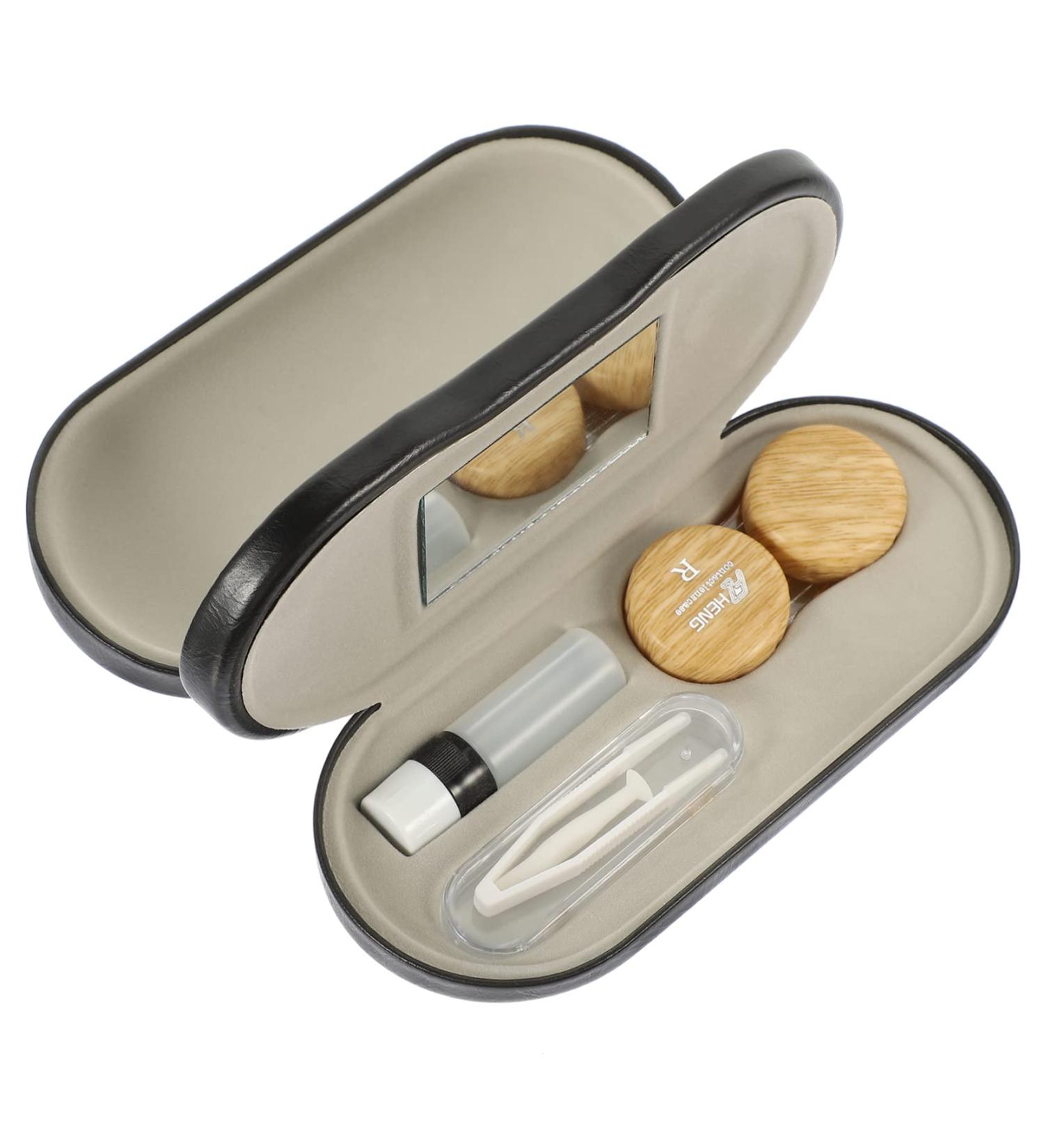 Portable 2-in-1 Glasses Case & Contact Lens Holder with Mirror | Oatipho Compact Organizer Set | Travel PU Leather 15.8x7.4cm - Buy Online on GoSupps.com