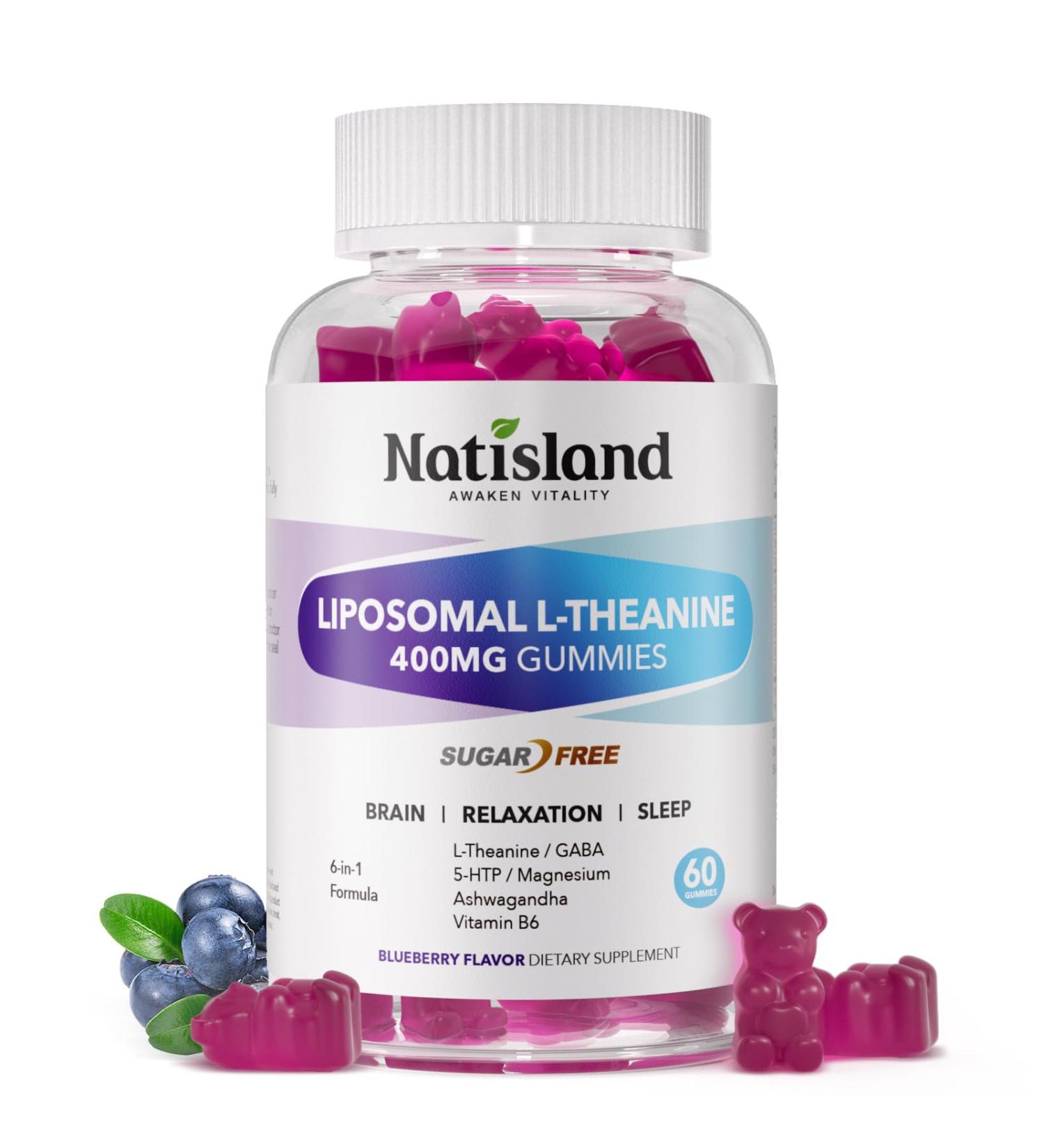 NATISLAND L Theanine Gummies for Adults & Kids Liposomal L-Theanine 200mg 400mg Supplement with GABA 5-HTP Magnesium Ashwagandha & Vitamin B6 for Focus Relaxation Sugar Free Vegan 60 Chewable - Buy Online on GoSupps.com