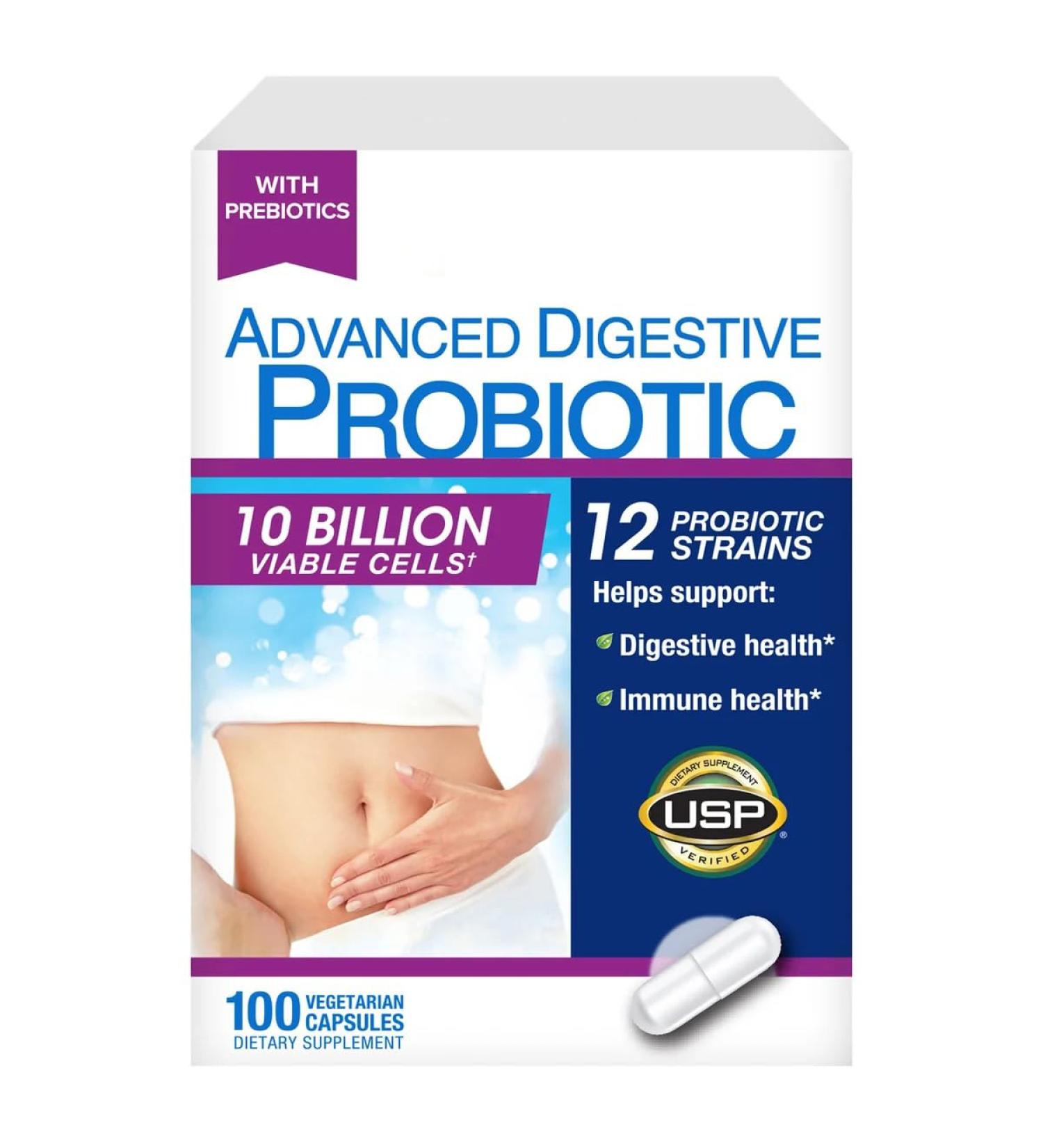Advanced Digestive Probiotic 12 Strains 10 Billion Viable Cells Gluten Soy and Dairy Free - 100 Capsules