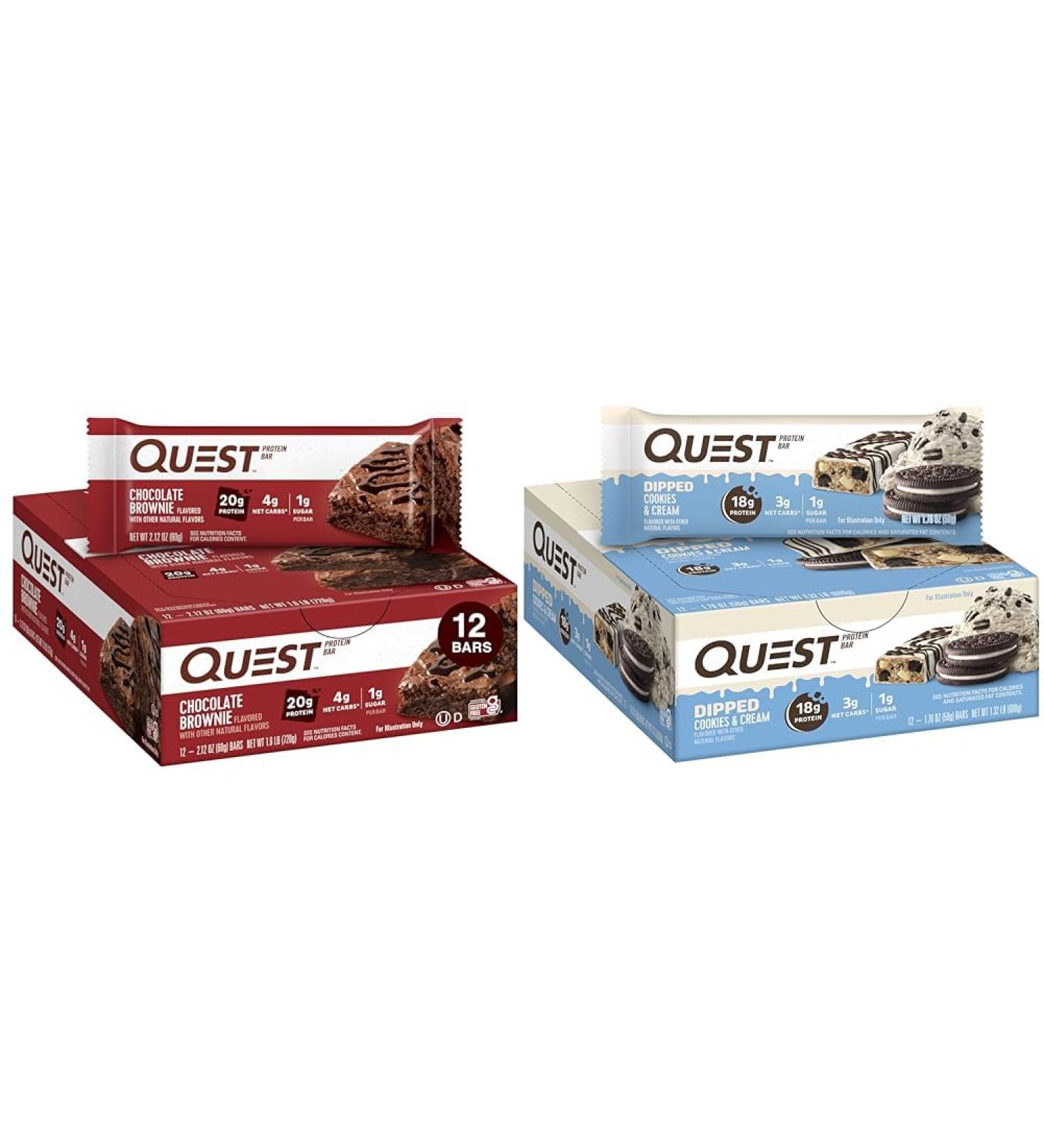 Quest Chocolate Brownie & Cookies & Cream Dipped Protein Bars Bundle High Protein Gluten Free Keto Friendly 12 Count - Buy Online on GoSupps.com