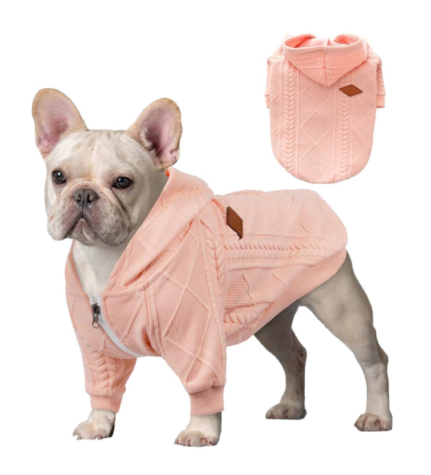 Meioro Pink Zipper Hood Dog Sweater - Cute Warm Winter Pet Clothes for French Bulldogs & Puppies (XS) - Buy Online on GoSupps.com