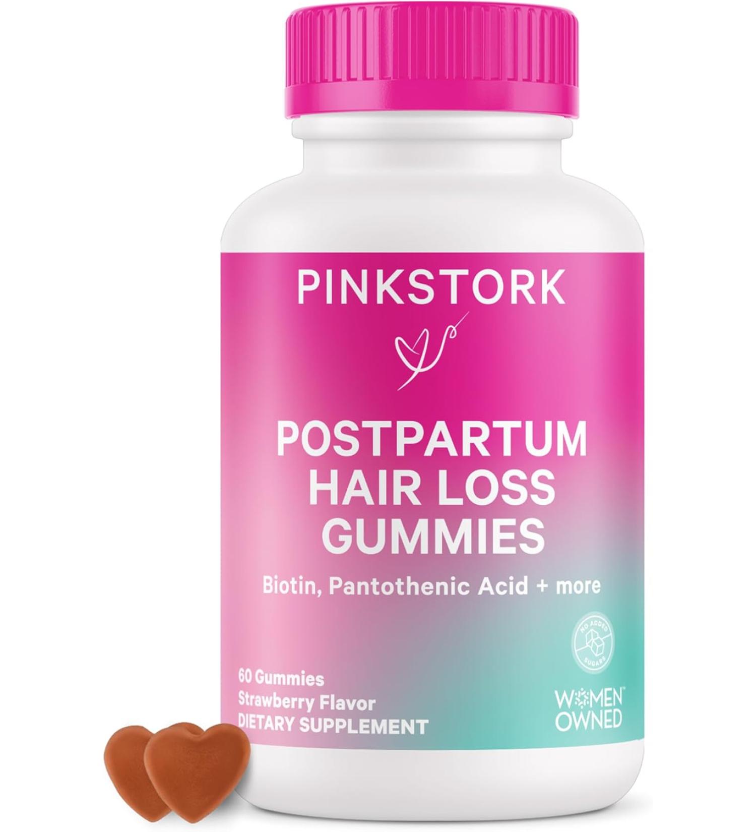 Pink Stork Postpartum Hair Loss Gummies - Biotin Postnatal Vitamins for Hair Regrowth & Strengthening | Women-Owned, 60 Strawberry Gummies - Buy Online on GoSupps.com