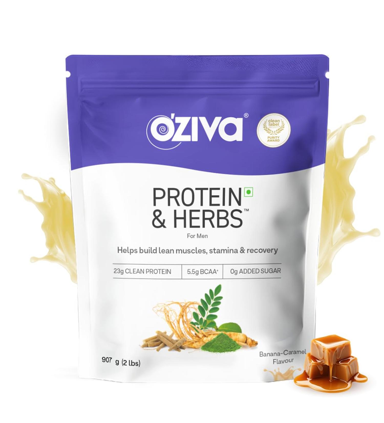 OZIVA Protein & Herbs for Men Banana Caramel Protein Powder for Men for Muscle Building Recovery and Better Stamina (with 23G Whey Protein + 15 Multivitamin for Men) Certified Clean 1Kg - Buy Online on GoSupps.com