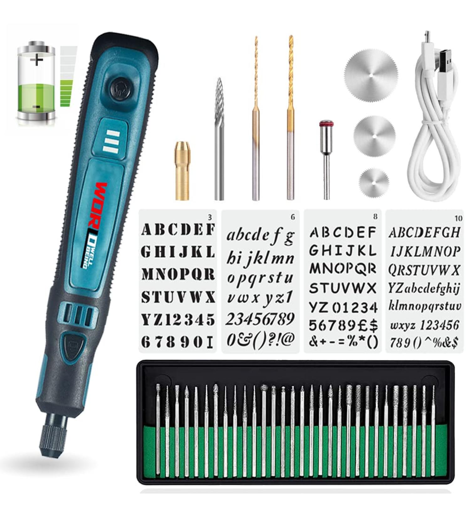 USB Cordless Electric Engraving Pen Kit - Mini 3-Speed Rotary Etching Machine for Jewelry, Wood, Glass - 42pcs Engraver Tools for Metal - Includes 30 Bits & Stencil - Buy Online on GoSupps.com