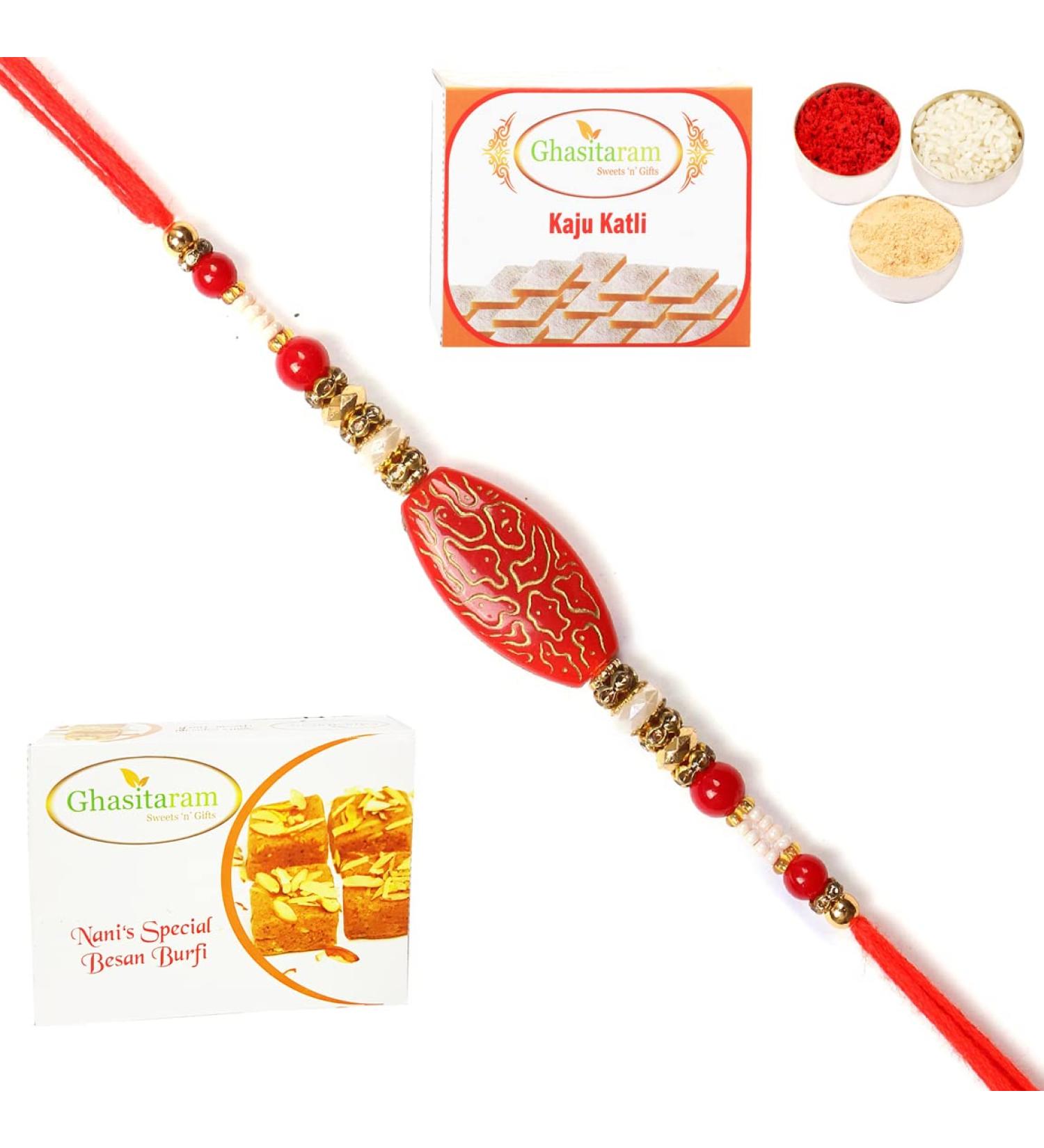 Ghasitaram Gifts Rakhi for Brother Rakhis Online - 7609 Premium Rakhi with 200 GMS of Besan Barfi and 200 GMS of Kaju Katli Rakhi with 200 gms of Besan Barfi & Kaju Katli - Buy Online on GoSupps.com