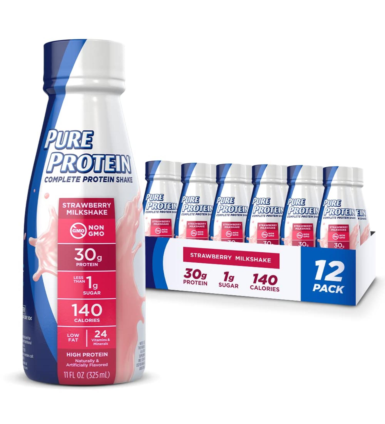 Pure Protein Strawberry Protein Shake - 30g Complete Protein, Ready to Drink, Keto-Friendly - 11 Fl Oz (Pack of 12) - With Vitamins A, C, D, E and Zinc for Immune Health - Buy Online on GoSupps.com