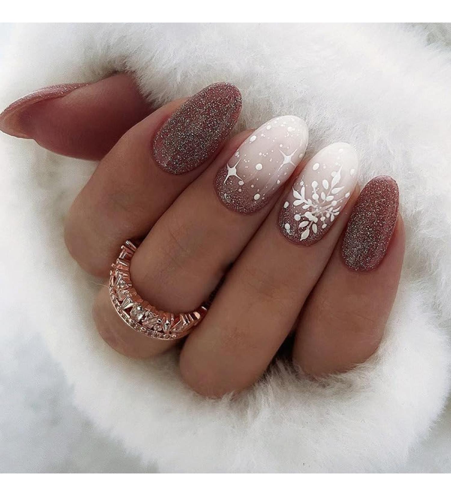 SINLOV Christmas Almond Fake Nails French Long Glitter Snowflake False Nails Maroon Glossy Press on Nails Ballerina Acrylic Full Cover Fake Nail for Women and Girls - Buy Online on GoSupps.com