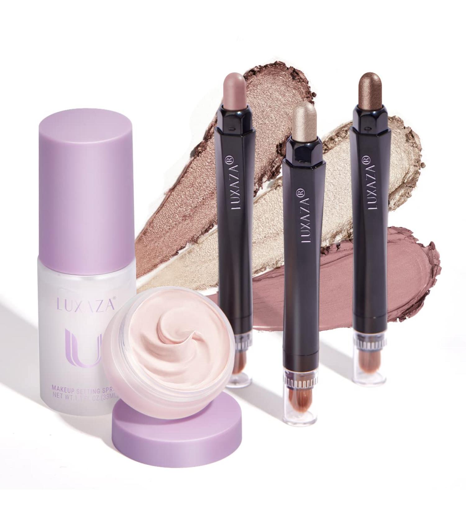 LUXAZA 3PCS Eyeshadow Stick Neutral Eye Shadow Sticks Pencil Crayon with Primer & Setting Spray - 3-in-1 Eye Makeup Kit for Smudge-Proof & Long-Lasting C-Champagne Look - Buy Online on GoSupps.com