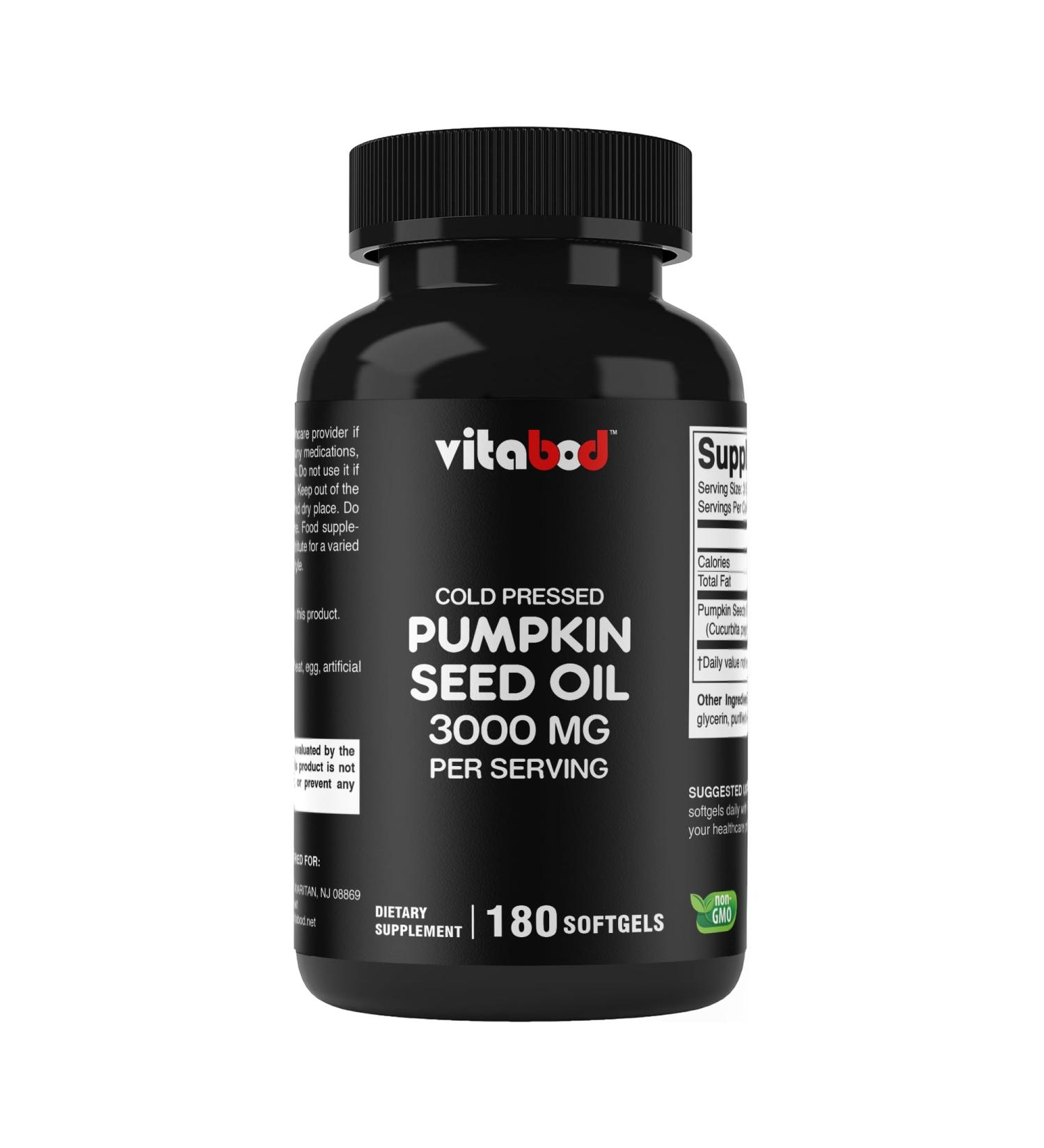 Vitabod Cold Pressed Pumpkin Seed Oil 3000mg per Serving - 180 Softgels - Non-GMO & Gluten Free - Buy Online on GoSupps.com
