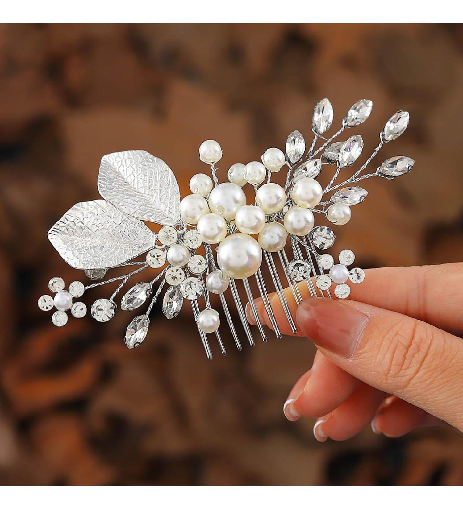 Zoestar Flower Wedding Hair Combs Silver Beads Bridal Hairpiece Rhinestone Leaf Hair Accessories for Women and Girls - Buy Online on GoSupps.com