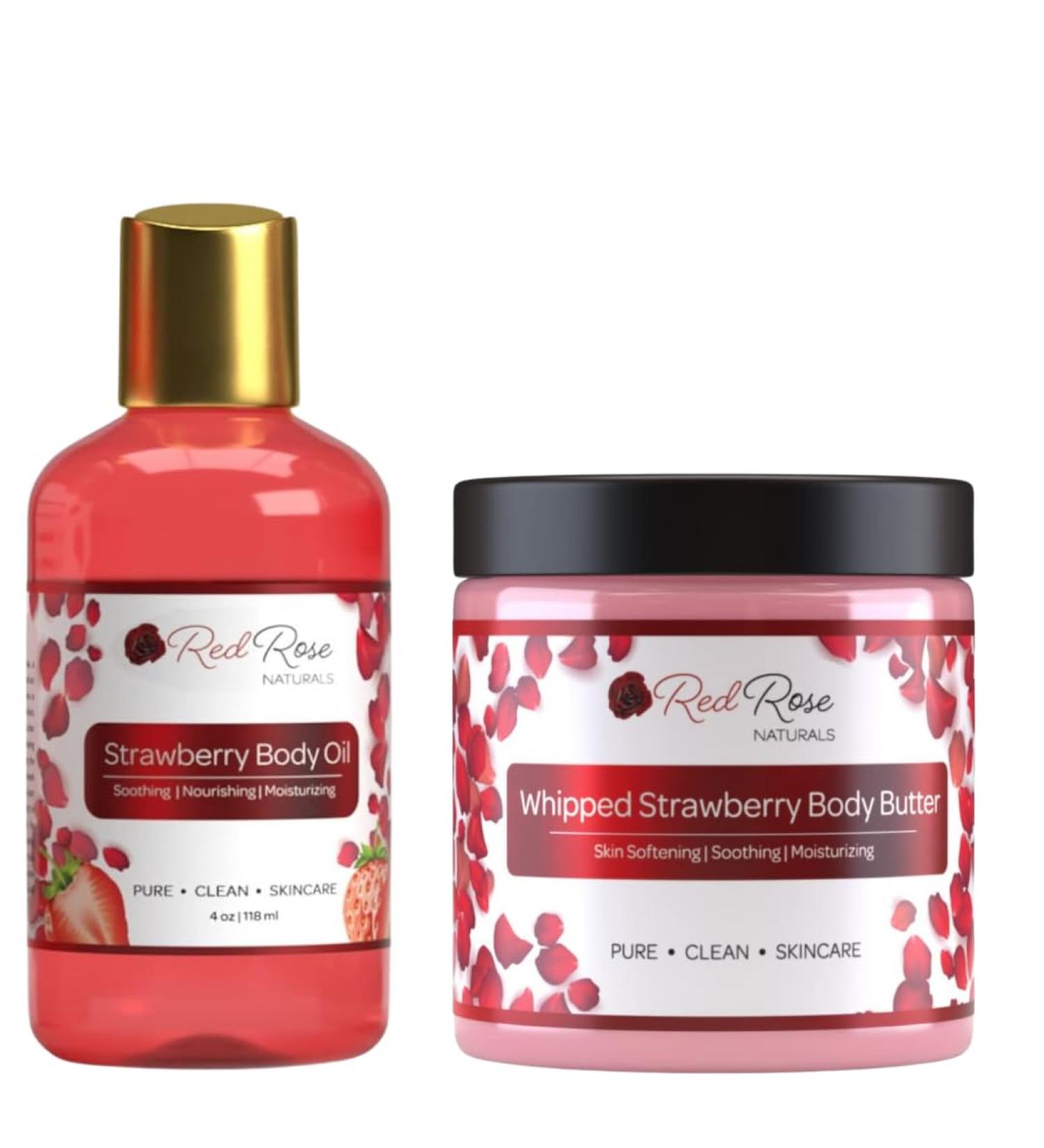 Red Rose Naturals Strawberry Body Oil 4 oz. & Strawberry Whipped Body Butter 8 oz. Hydrating Moisturizing and Naturally Crafted Vegan - Buy Online on GoSupps.com