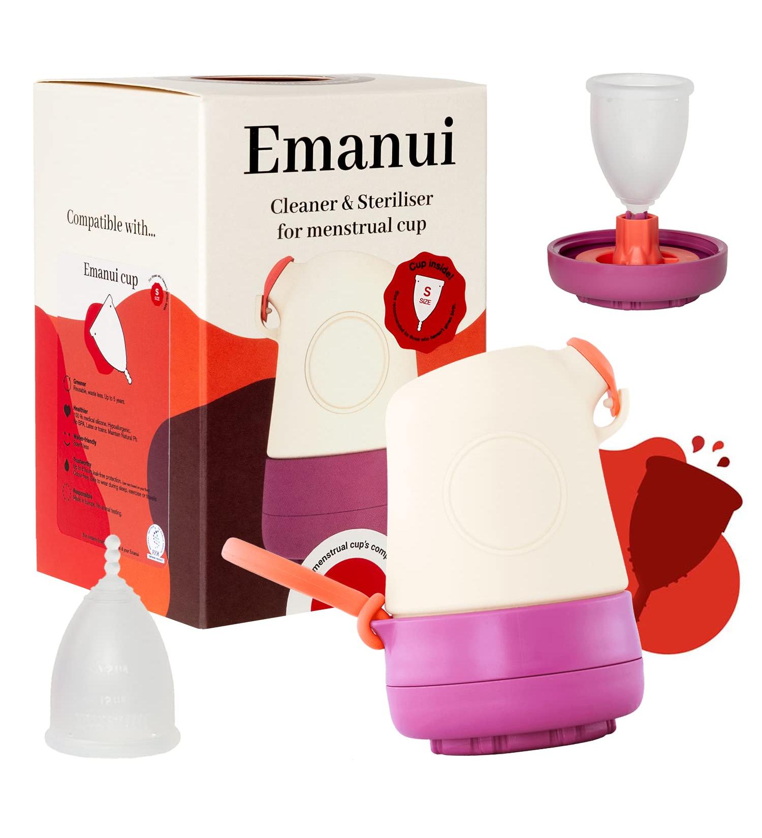 Shop Emanui Starter Kit: Portable Menstrual Cup Size S - Eco-Friendly Safe & Comfortable Period Alternative with Cleaner Sterilizer - Buy Online on GoSupps.com