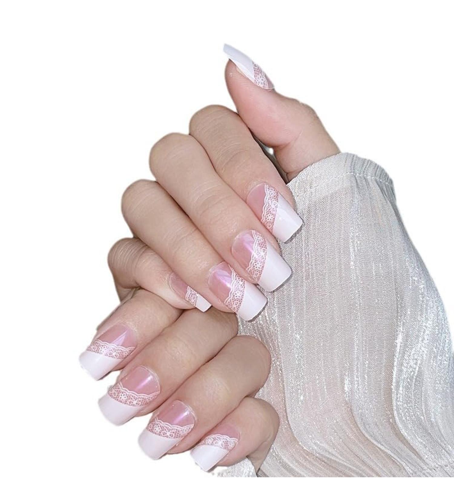 MENILITHS French Pink Lace Long False Nails Sticker False Nails Acrylic Fake Nails Full Cover Nails Tips Artificial Finger Manicure for Women and Girls - Buy Online on GoSupps.com