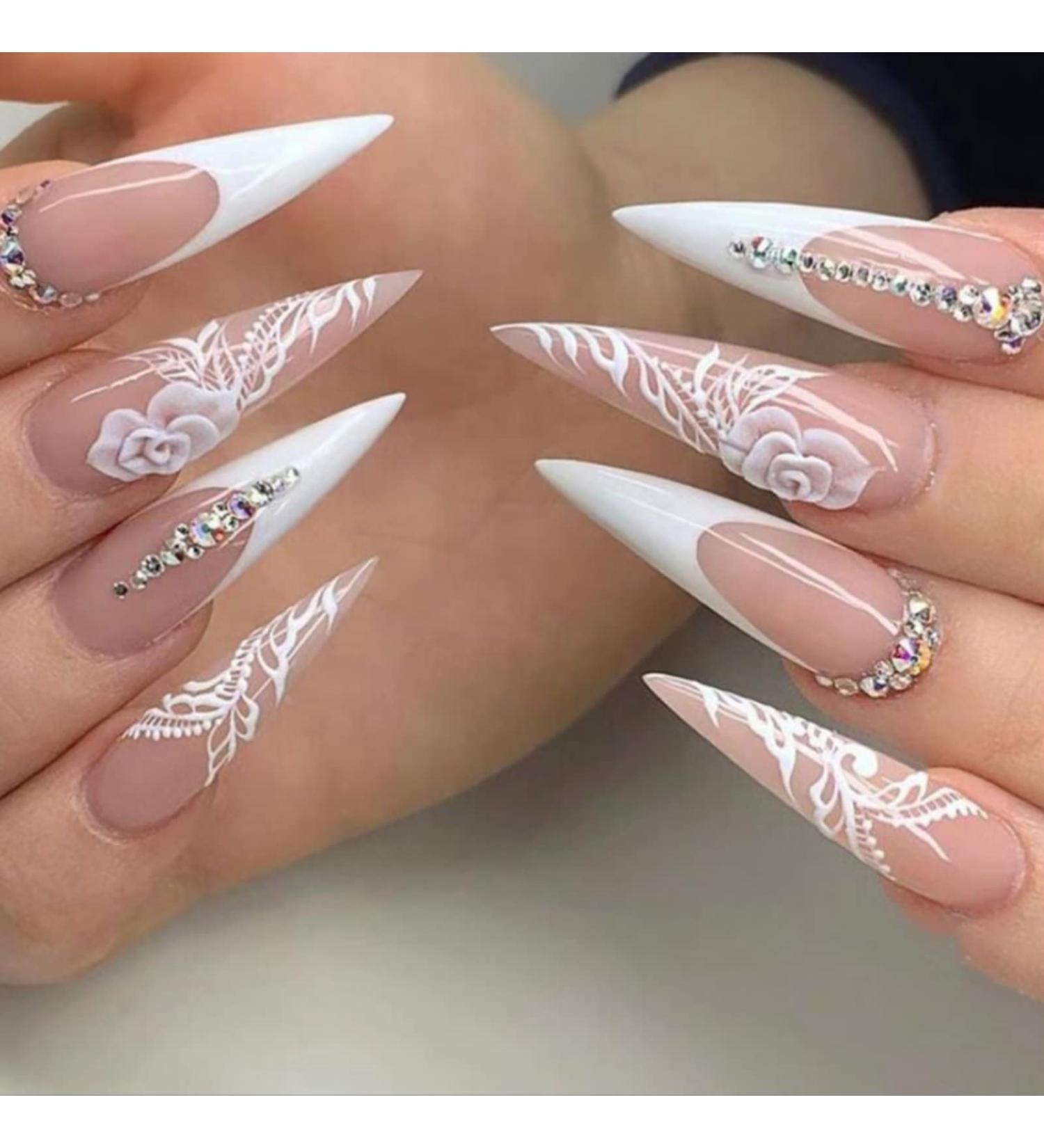 Runrayay White Acrylic Press-On Nails with Rhinestones - Long Floral Design Full Coverage for Women & Girls - Buy Online on GoSupps.com