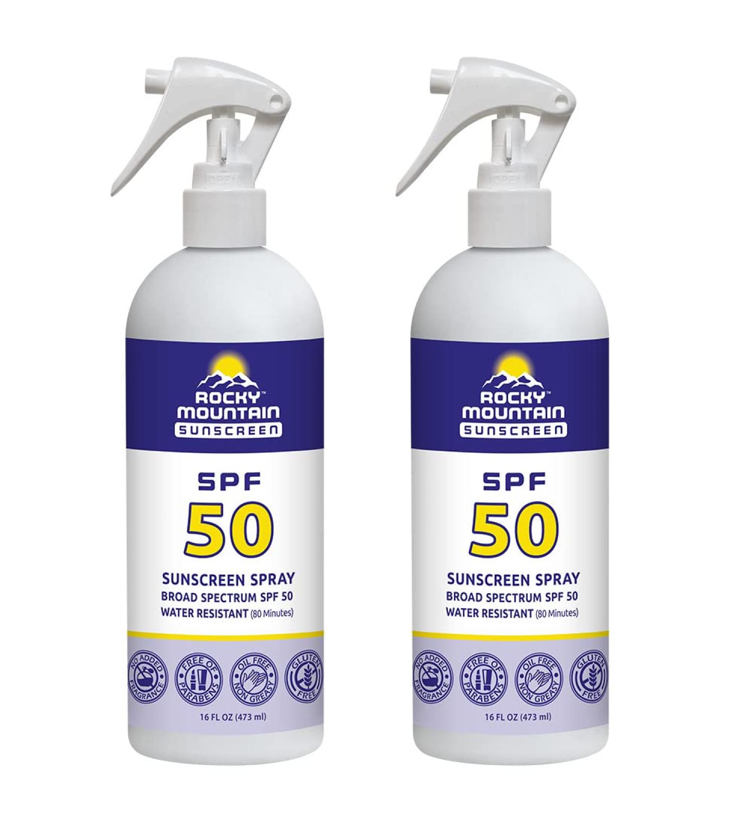 Rocky Mountain Sunscreen SPF 50 Liquid Spray 2-Pack | Reef Safe | Water-Resistant | Broad Spectrum UVA/UVB Protection | Non-Greasy, Fragrance-Free, Vegan | 16 fl oz - Buy Online on GoSupps.com