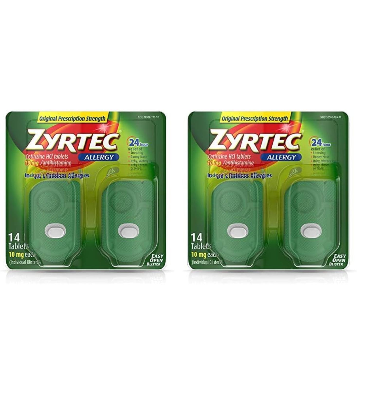 Zyrtec 24 Hour Allergy Relief Tablets - Antihistamine with 10 mg Cetirizine HCl 14 ct (Pack of 2) - Fast International Shipping - Buy Online on GoSupps.com