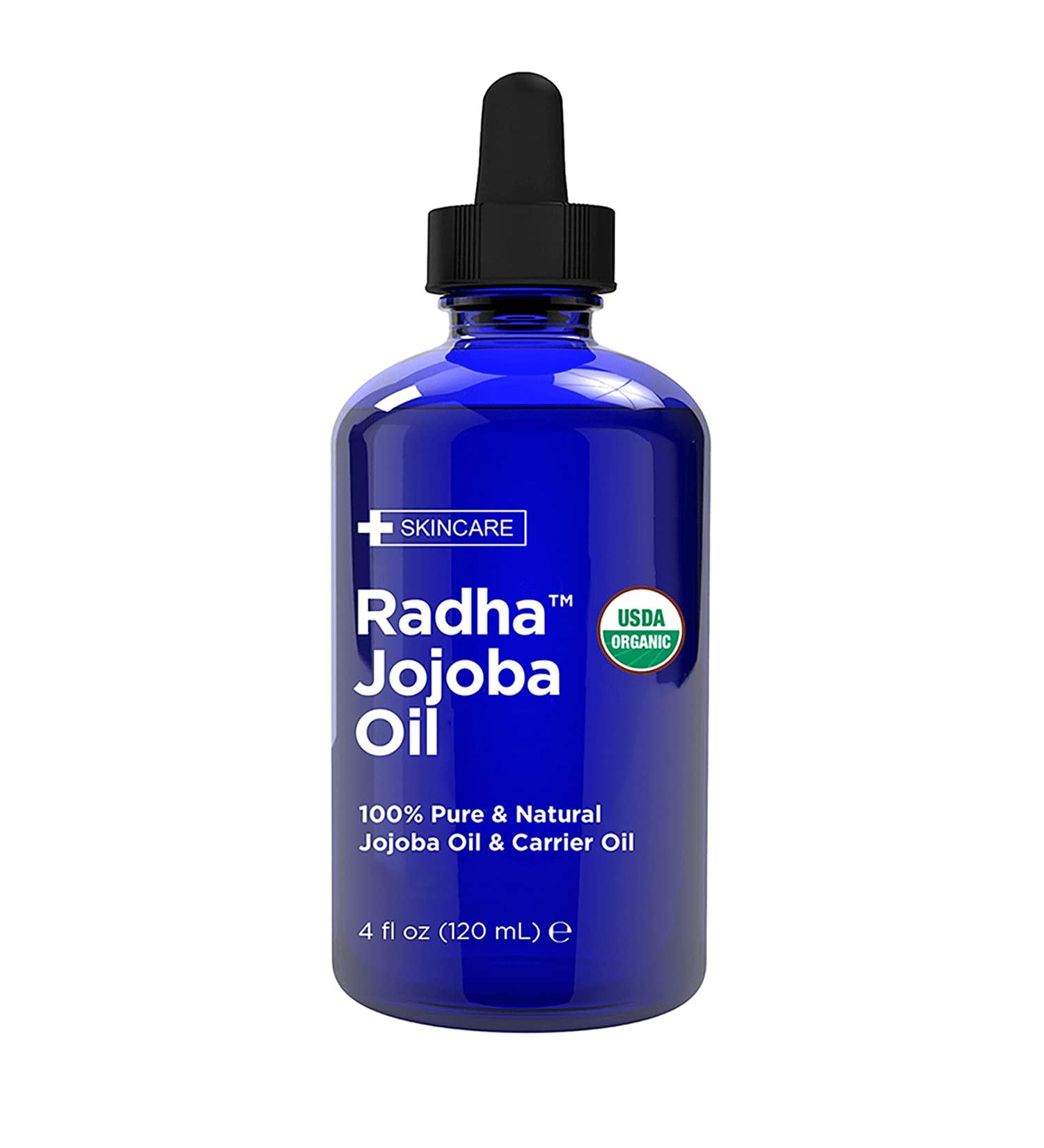 Radha Beauty USDA Certified Organic Jojoba Oil 4 fl oz - 100% Pure Unrefined Cold Pressed - Great Carrier Oil for Hair, Skin & Nails - Buy Online on GoSupps.com