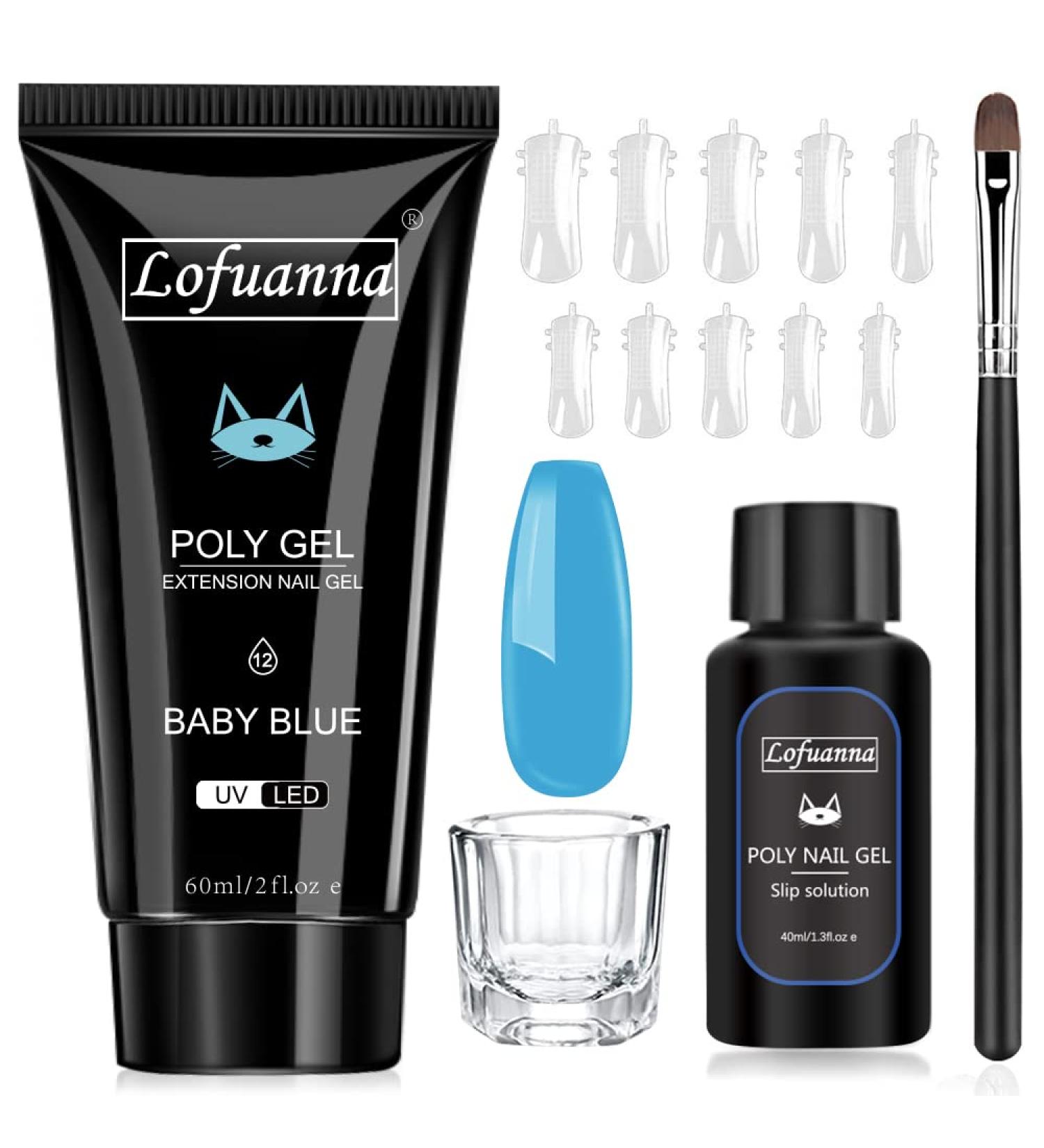 Lofuanna Poly Nail Gel Set - 60ml Blue Nail Extension Gel Kit | All-in-One with Slip Solution Nail Forms Brush & Glass Cup | Perfect for Beginners - Nail Art Design - Buy Online on GoSupps.com