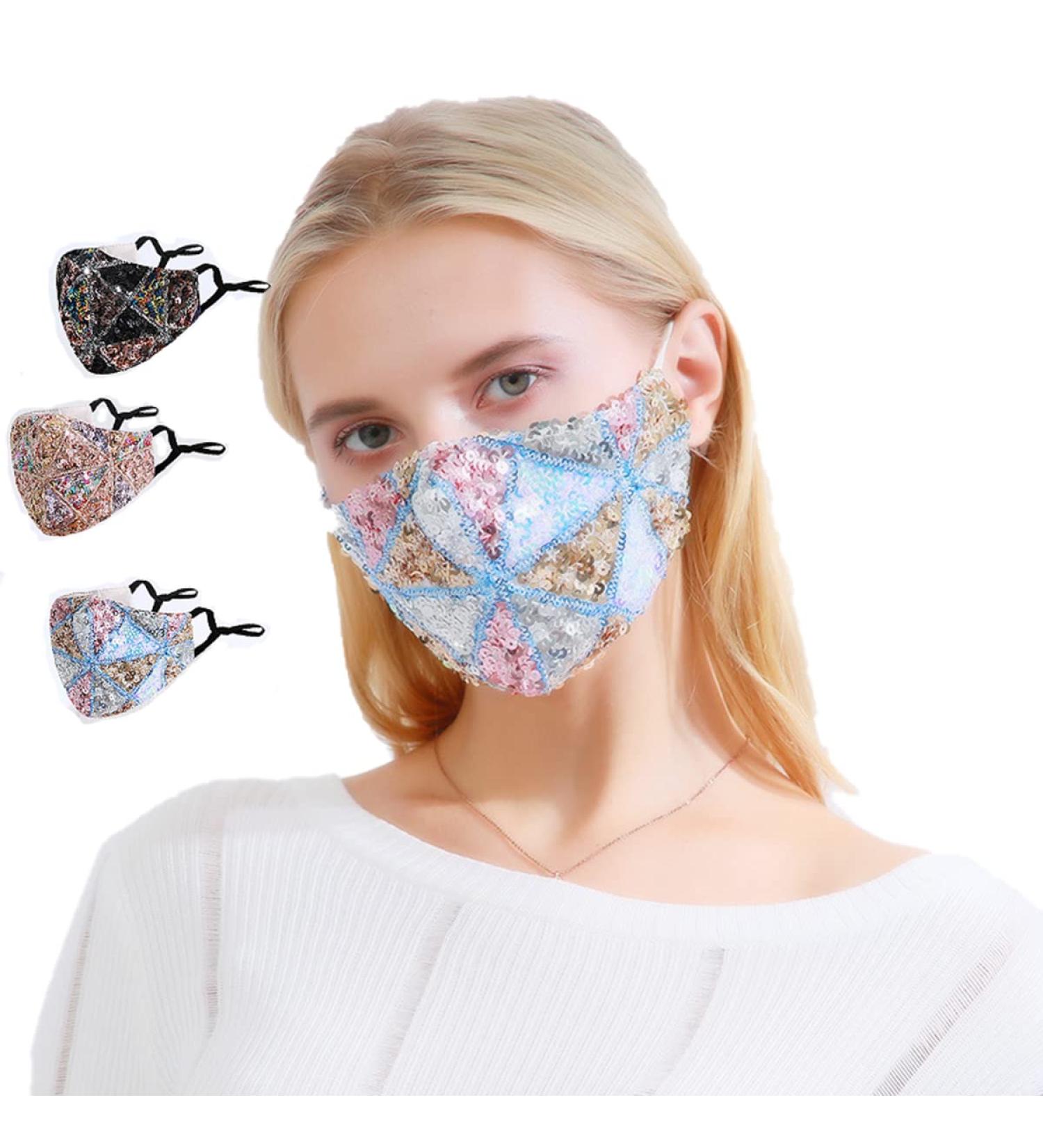 100% Cotton Colorful Face Masks for Adults - Soft Breathable Washable with Adjustable Ear Loops & Filter Bag - Cute Sequin Design - Buy Online on GoSupps.com