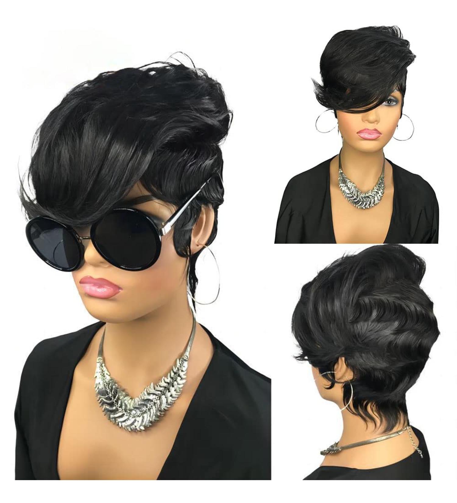 Bob Wig Human Hair Short Pixie Cut for Black Women | Glueless with Bangs | Layered None Lace Front | Full Machine Made | 1B Color - Buy Online on GoSupps.com