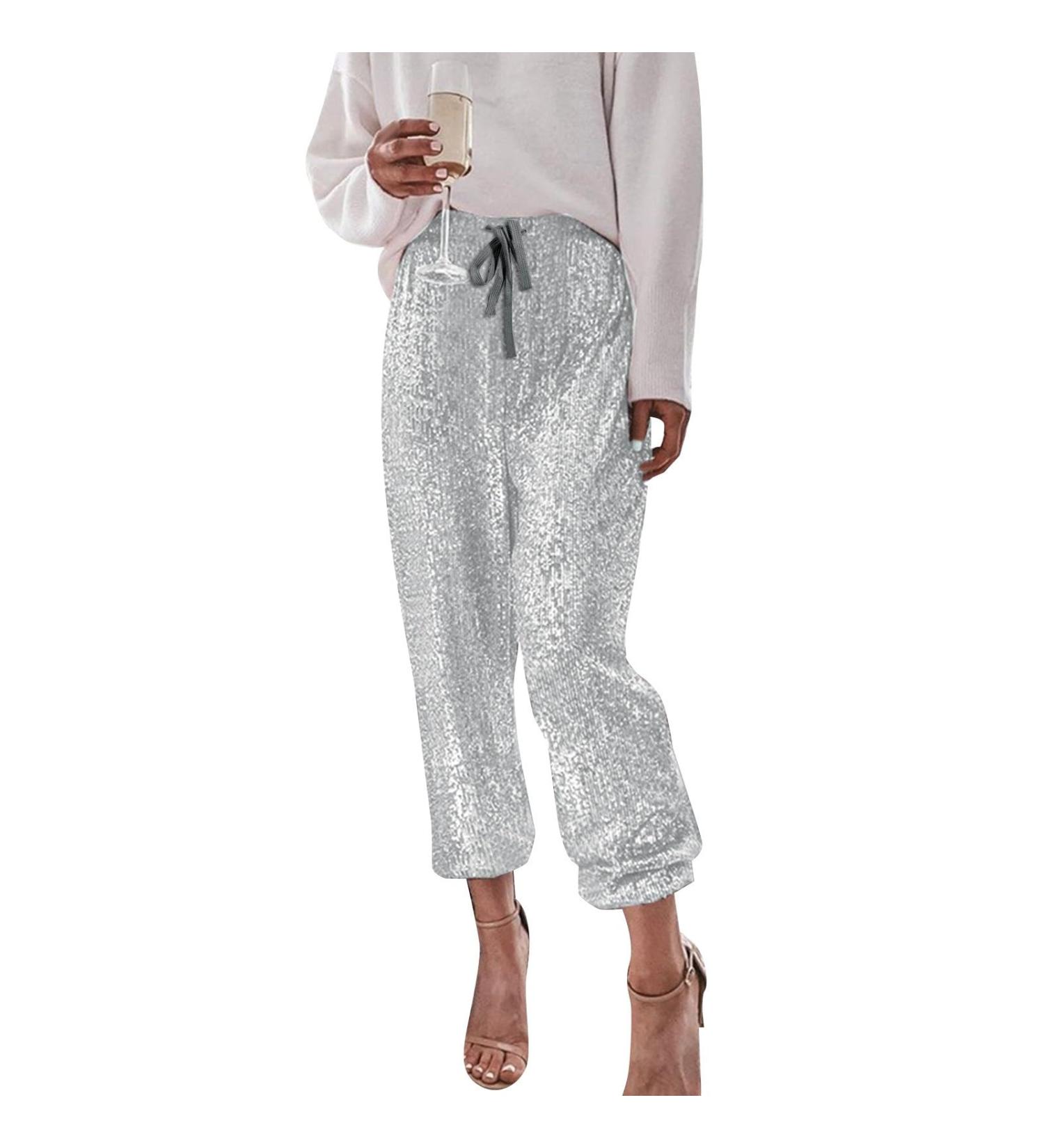 Duohropke Women's Sequin Pants - High Waist Glitter Party Pants Elegant Stretch Leisure Trousers - Silver - Buy Online on GoSupps.com