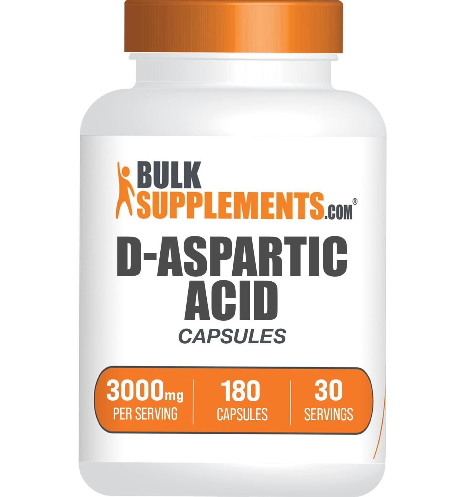 BulkSupplements D-Aspartic Acid Capsules - 3000mg DAA Supplement for Men & Women | Unflavored Soy Free | 180 Capsules (6 per Serving - Buy Online on GoSupps.com