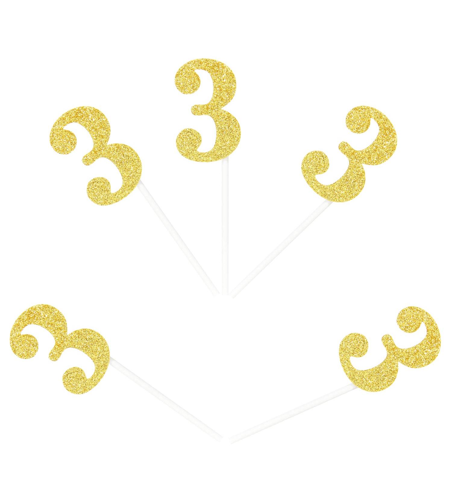 Newqueen 24 Pieces Glitter Number 3 Cupcake Toppers Gold Age Three Cake Picks Decoration for Anniversary Baby Shower 3rd Birthday Party - Buy Online on GoSupps.com