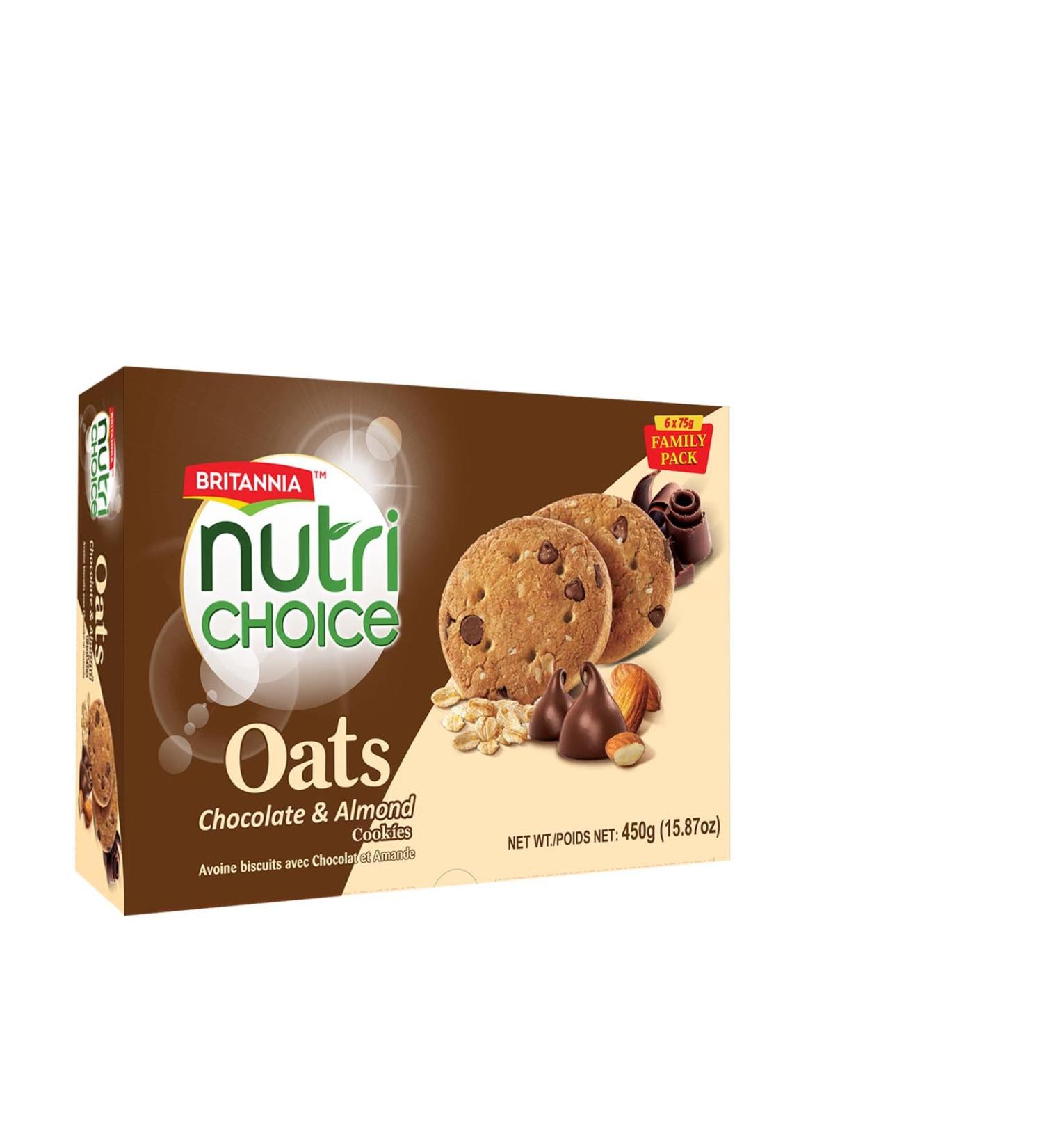 BRITANNIA NutriChoice Oats Cookies 8 Family Packs - 3.6kg (6 x 75g 450g per Family Pack) | Chocolate & Almond Flavor | Ideal for Breakfast and Tea Time Snacks
