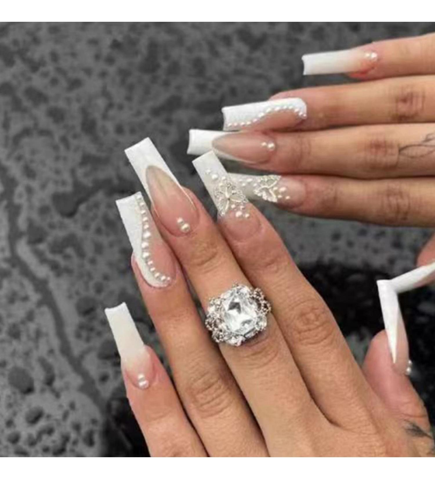 Justotry 24PC Pearls Coffin Nails with Butterflies | White & Pink Ballerina Press-On Nails for Women | Beautiful Medium Fake Fingernails - Buy Online on GoSupps.com