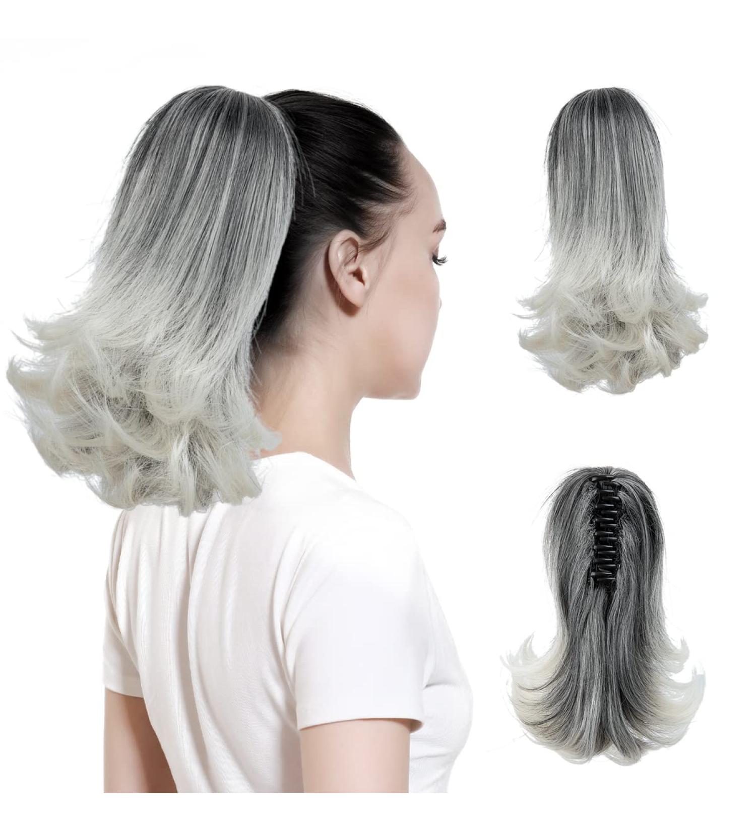 CJL HAIR Curly Ponytail Extension 12 Gray & White Tips - Synthetic Short Hairpiece for Women - Buy Online on GoSupps.com