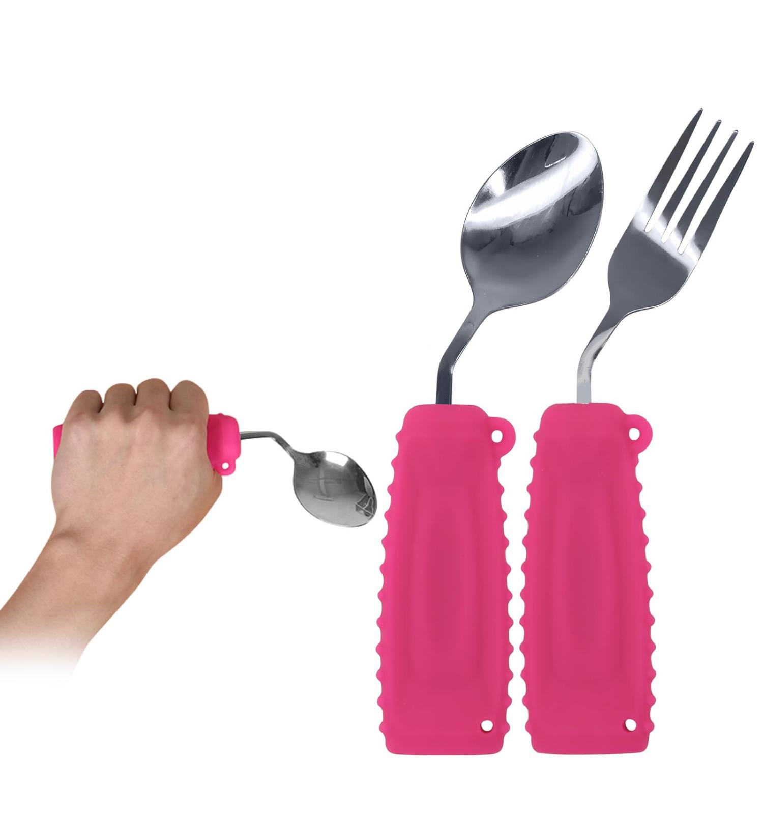 Ehucon Adaptive Utensils Angled Spoon and Fork for Elderly Hand Tremors Parkinsons Weighted Silverware with Non-Slip-Easy Grip Handles for Independent Eating (Pink Left) Left Pink - Buy Online on GoSupps.com