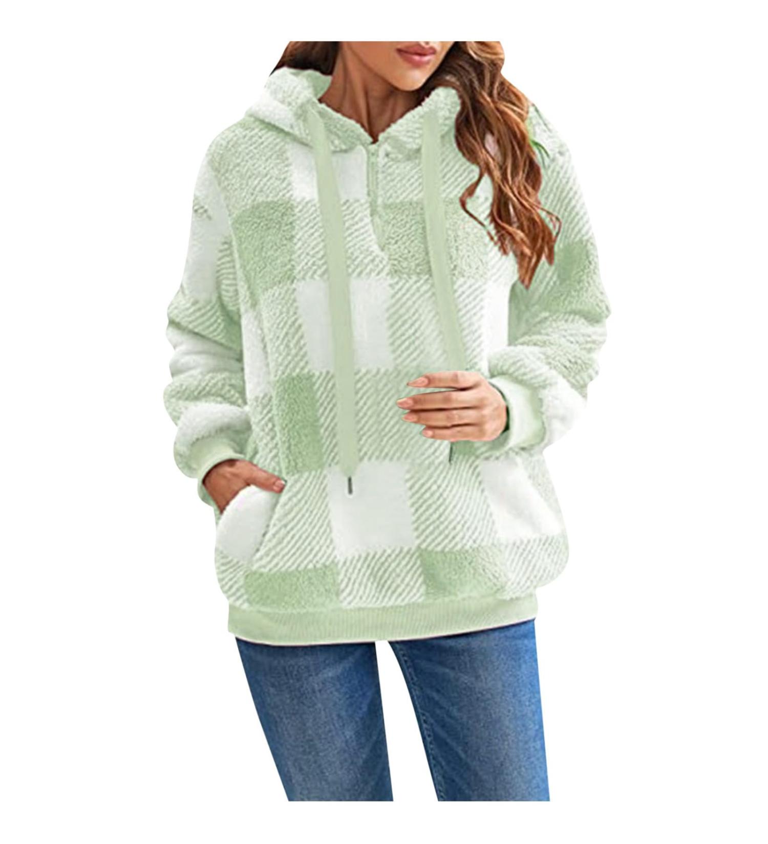 Yihaojia Women Fuzzy Fleece Zip Up Hoodie Oversized Fleece Sweater Plaid Sherpa Jackets Casual Fluffy Coat Pocket Outwear Green 4X-Large - Buy Online on GoSupps.com