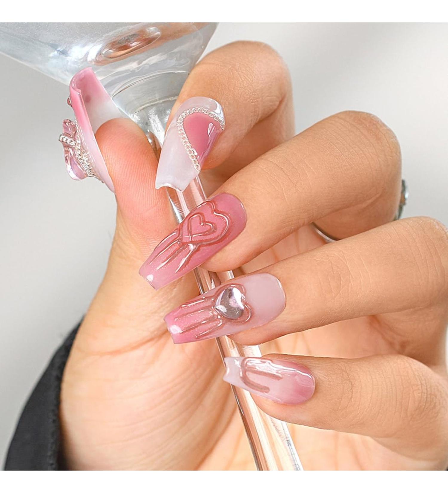 Sethexy Long Coffin False Nails - Handmade Glittering 3D Crystal Heart Chain Press-On Acrylic Nails for Women & Girls - Perfect for International Shipping - Buy Online on GoSupps.com