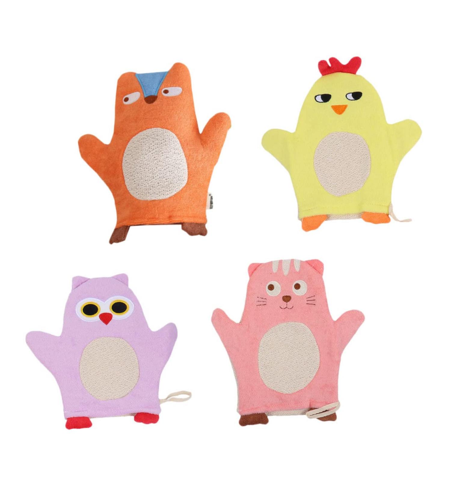 FRCOLOR 4-Pack Cartoon Bath Towels & Shower Gloves - Exfoliating Animal Spa Mitts & Cotton Toiletries for Baby Skin Care - Buy Online on GoSupps.com