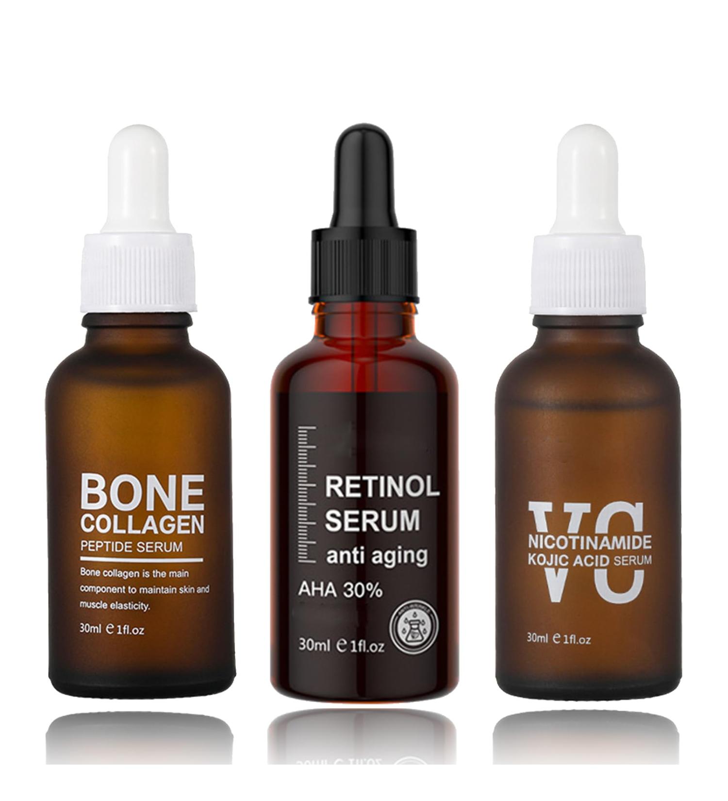 Facial Serums Skincare Set - Retinol Serum & Vitamin C Serum & Bone Collagen Serum - Anti Aging Skincare for Women & Men - Kojic Acid Serum with Nicotinamide for Anti-Dark Spots & Brightening - Buy Online on GoSupps.com