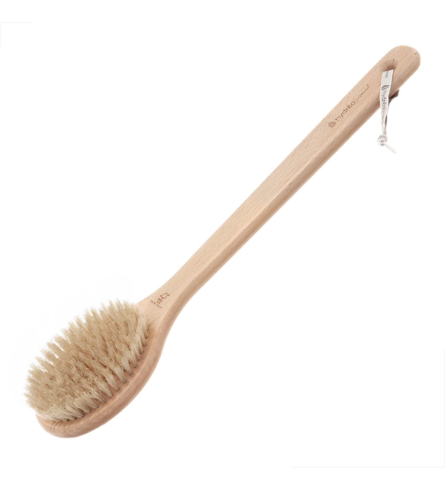 Hydrea London Long Handle Body Brush with Natural Bristles - Exfoliating Back Scrubber for Cellulite Removal and Lymphatic Drainage - FSC Certified Beechwood - Buy Online on GoSupps.com