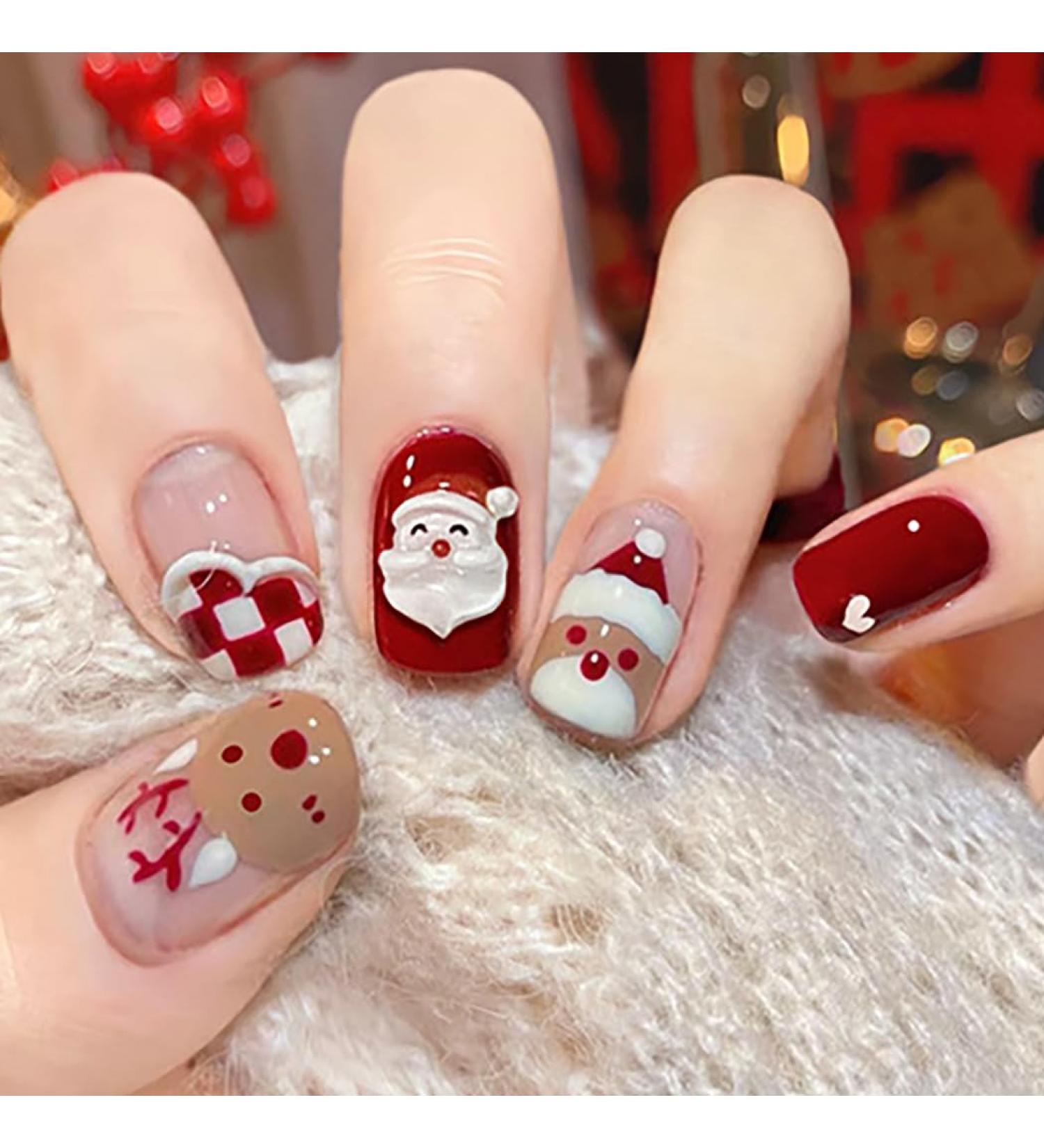 Brishow Christmas False Snow Press on Nails - Antler Short Red Fake Nails 24pcs - Buy Online on GoSupps.com