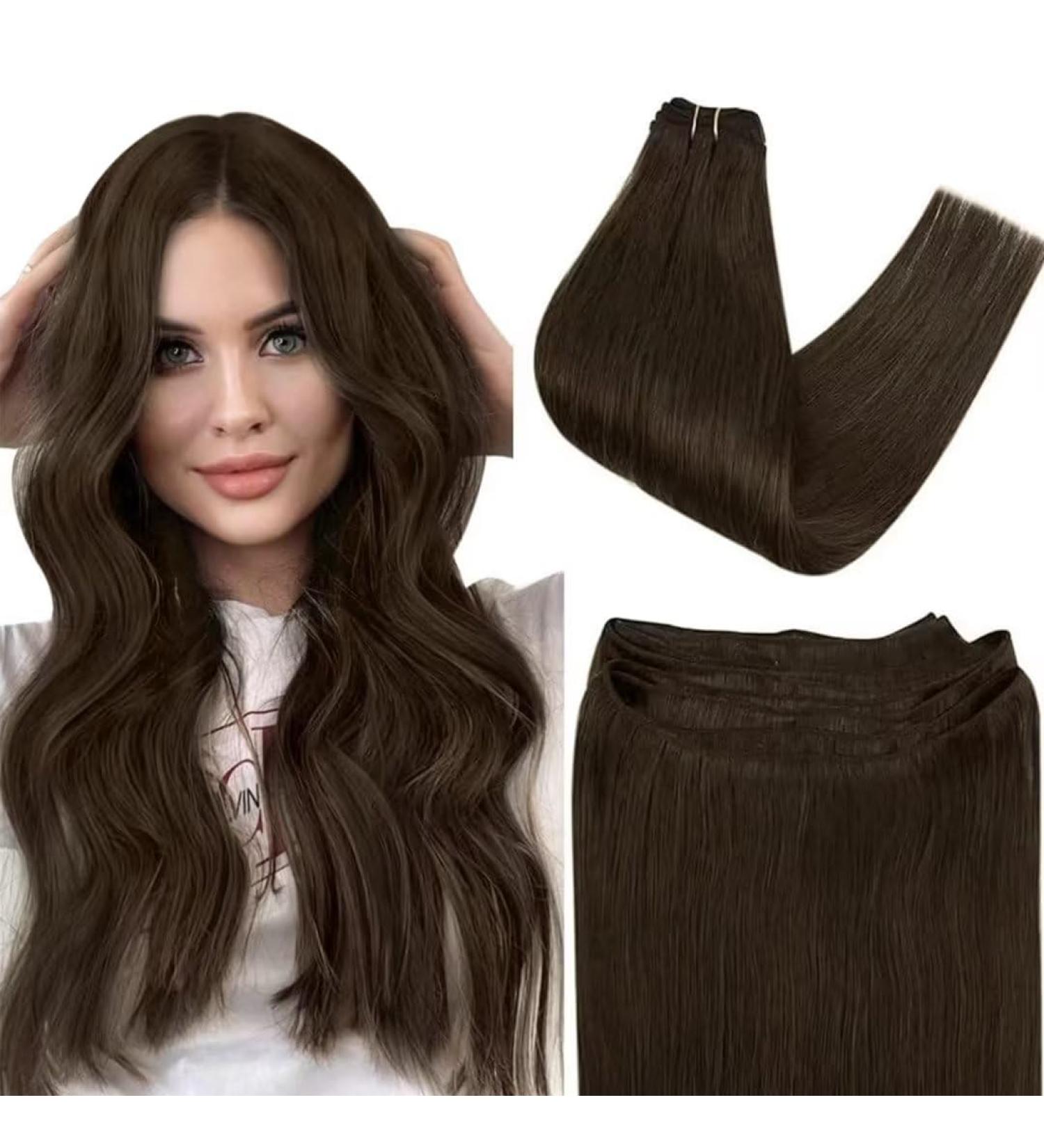 Easyouth Double Weft Human Hair Extensions 12 Inch Darkest Brown #2 | 70g 3-Weft Sew in Extensions - Buy Online on GoSupps.com