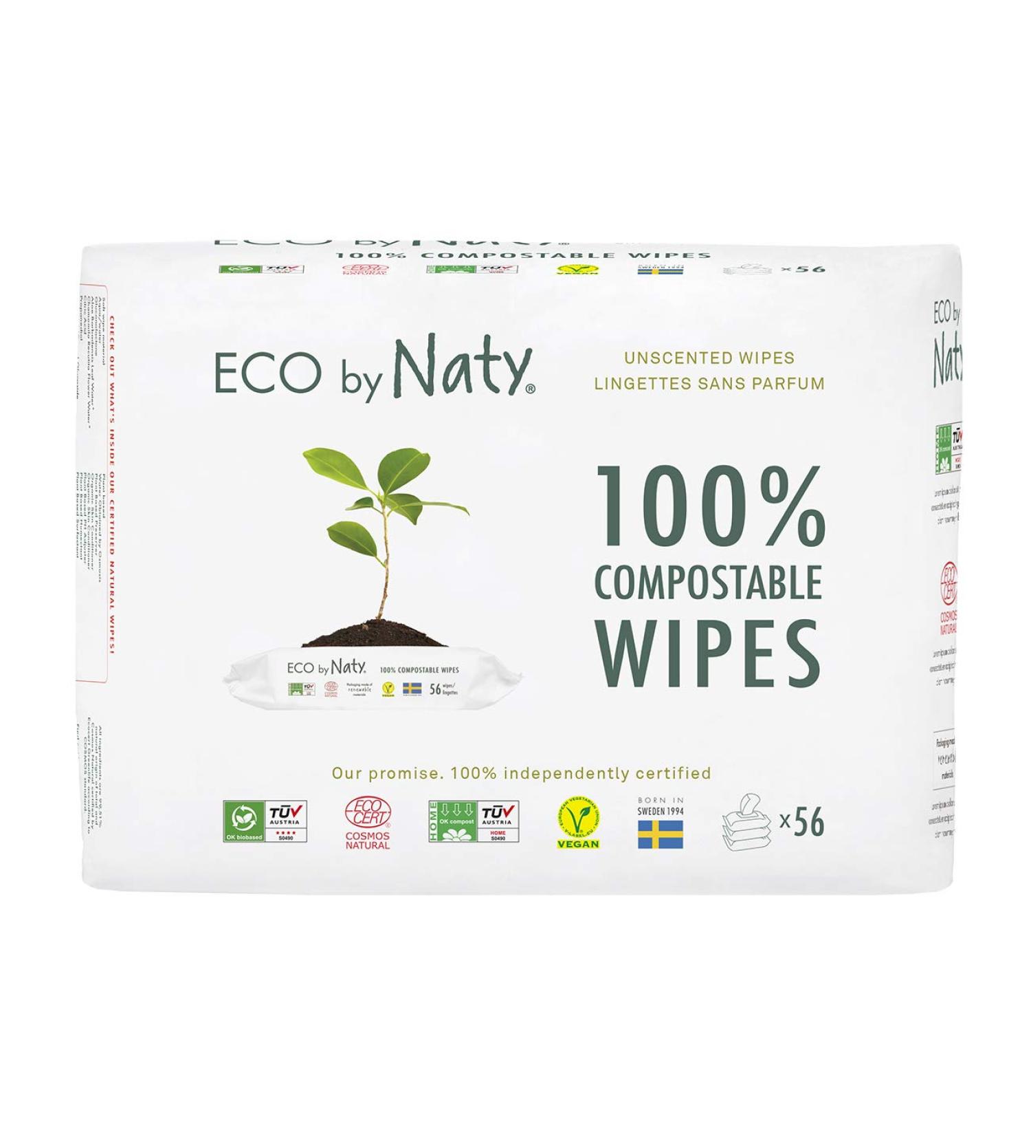 Eco by Naty Unscented Baby Wipes - 100% Compostable, Plant-Based, Gentle on Sensitive Skin - 168 Wipes (56 Count, Pack of 3) - Buy Online on GoSupps.com