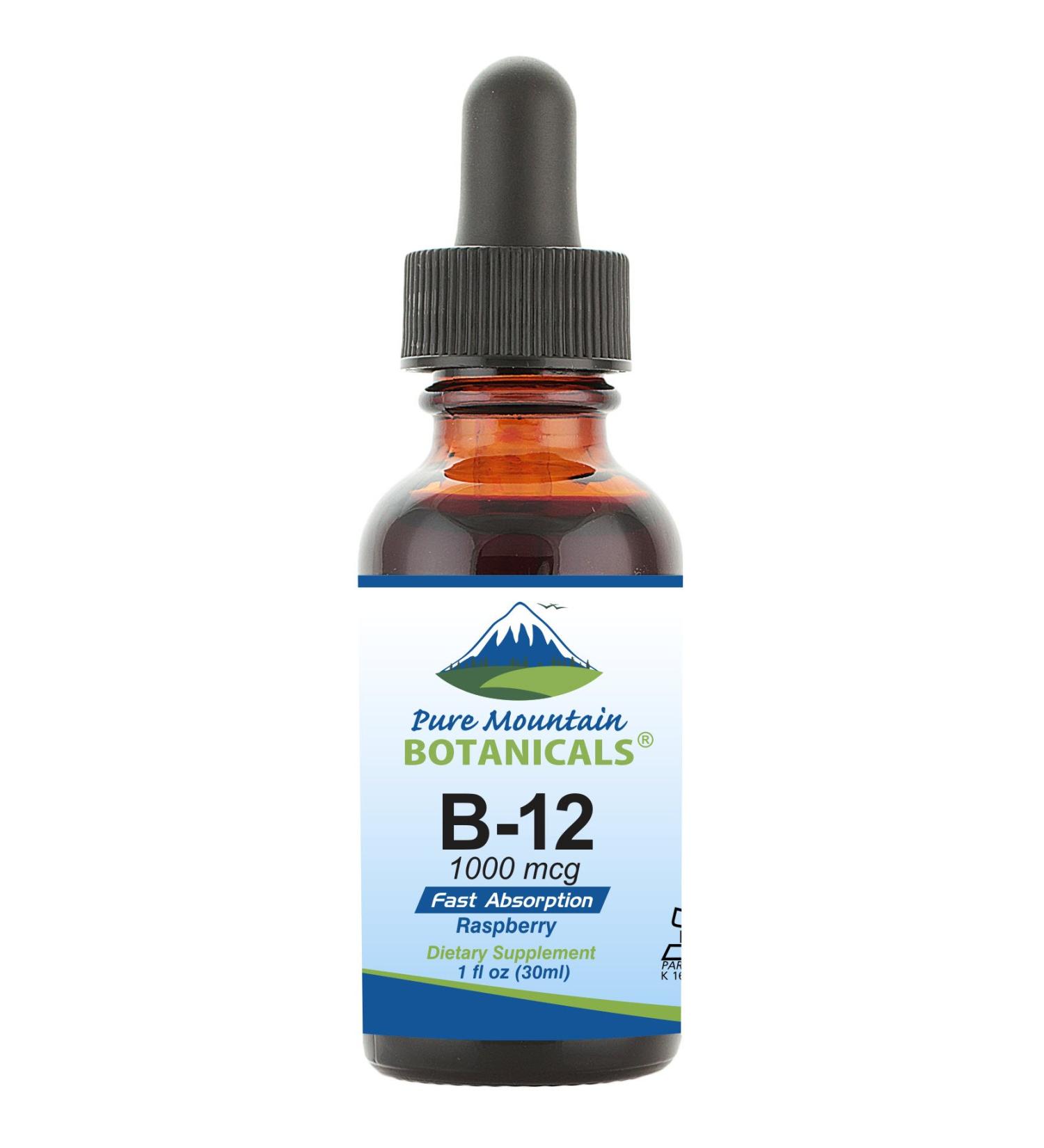 Pure Mountain Botanicals B12 Vitamin 1000 mcg Kosher Drops - Natural Berry Flavor - 1oz Bottle - Buy Online on GoSupps.com
