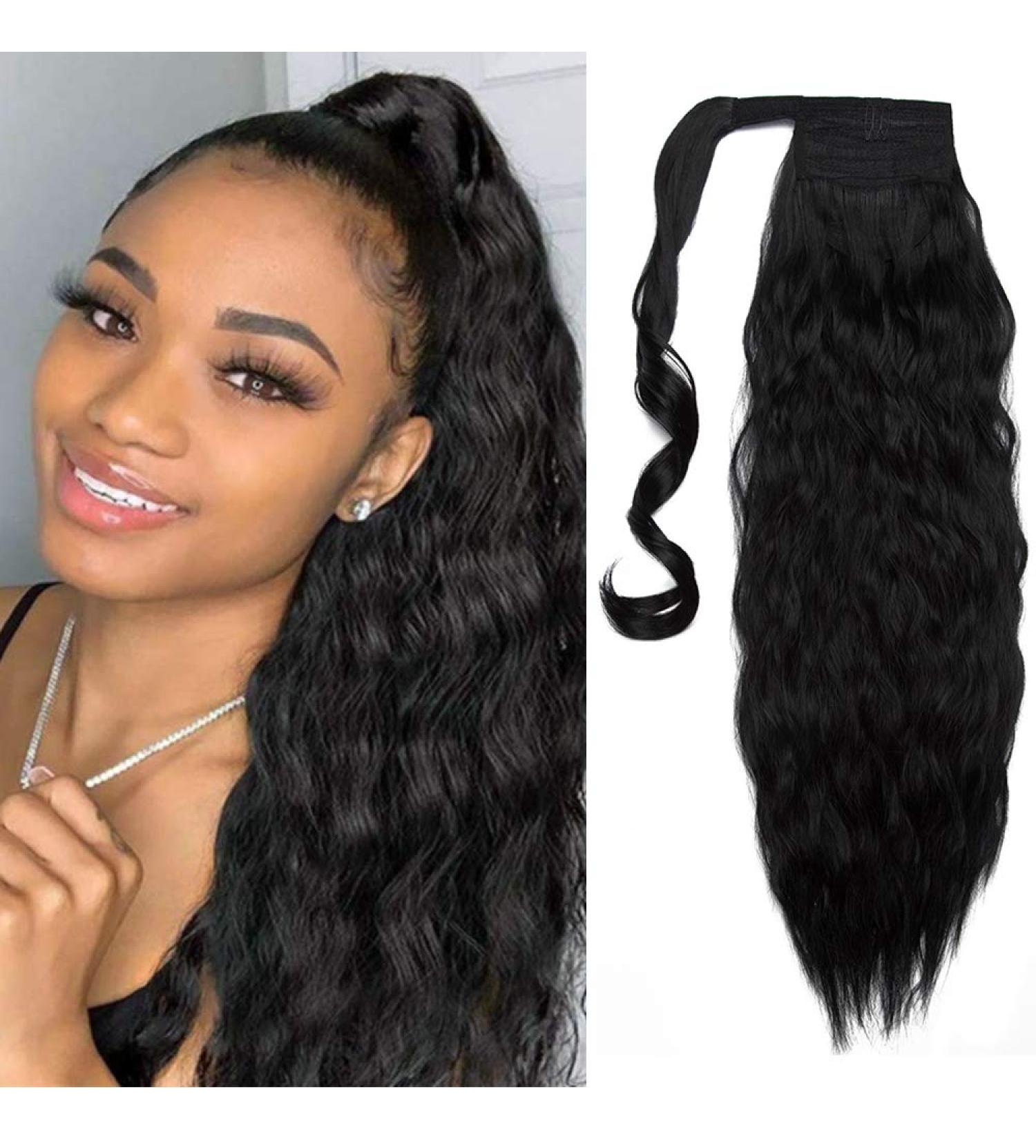 Silk-co Jet Black Magic Paste Clip in Ponytail Hairpiece Curly Pony Tail Corn Wave Hair Clip on Extension 20" Long hair Piece -Jet Black 20 Inch Jet Black - Buy Online on GoSupps.com