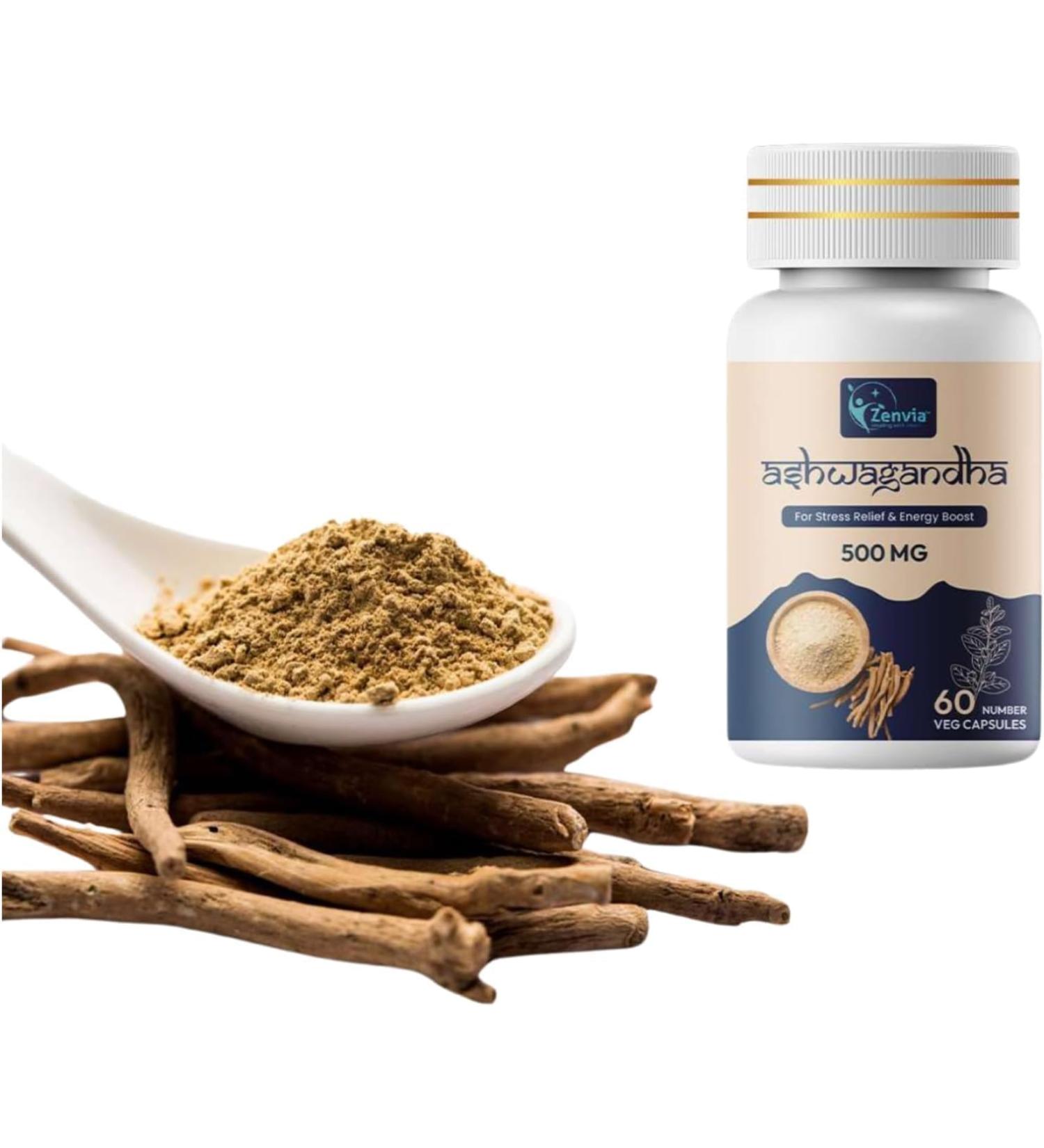 ZENVIA Ashwagandha Capsules 500mg 60 Veg Capsules Herbal Supplement from Root Extract Natural Daily Wellness Support - Buy Online on GoSupps.com