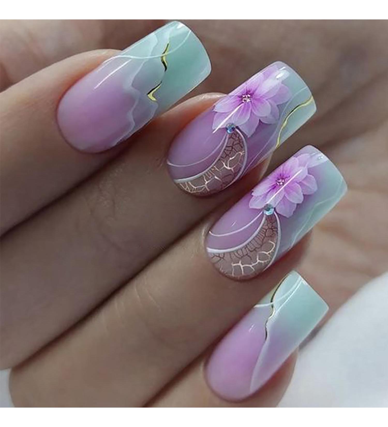 Shop 24Pcs Marble Pattern Medium Square Press-On Nails - Reusable French Fake Nails for Women | Glossy Coffin Design - Buy Online on GoSupps.com
