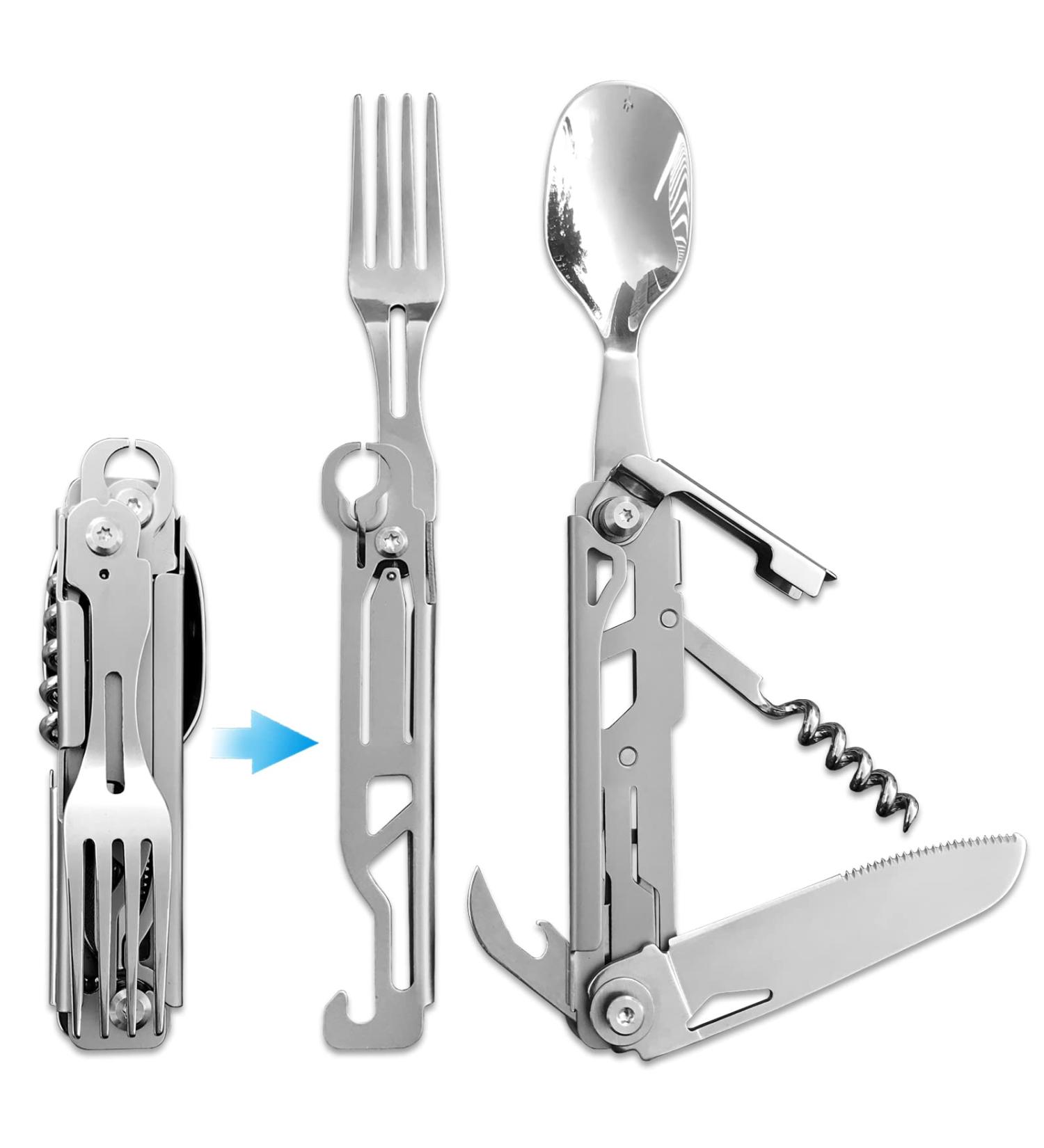 Joycube 6-in-1 Detachable Camping Utensils Set - Stainless Steel Folding Cutlery with Spoon, Fork, Knife, Bottle Opener, Can Opener - Portable Travel Flatware Combo - Buy Online on GoSupps.com